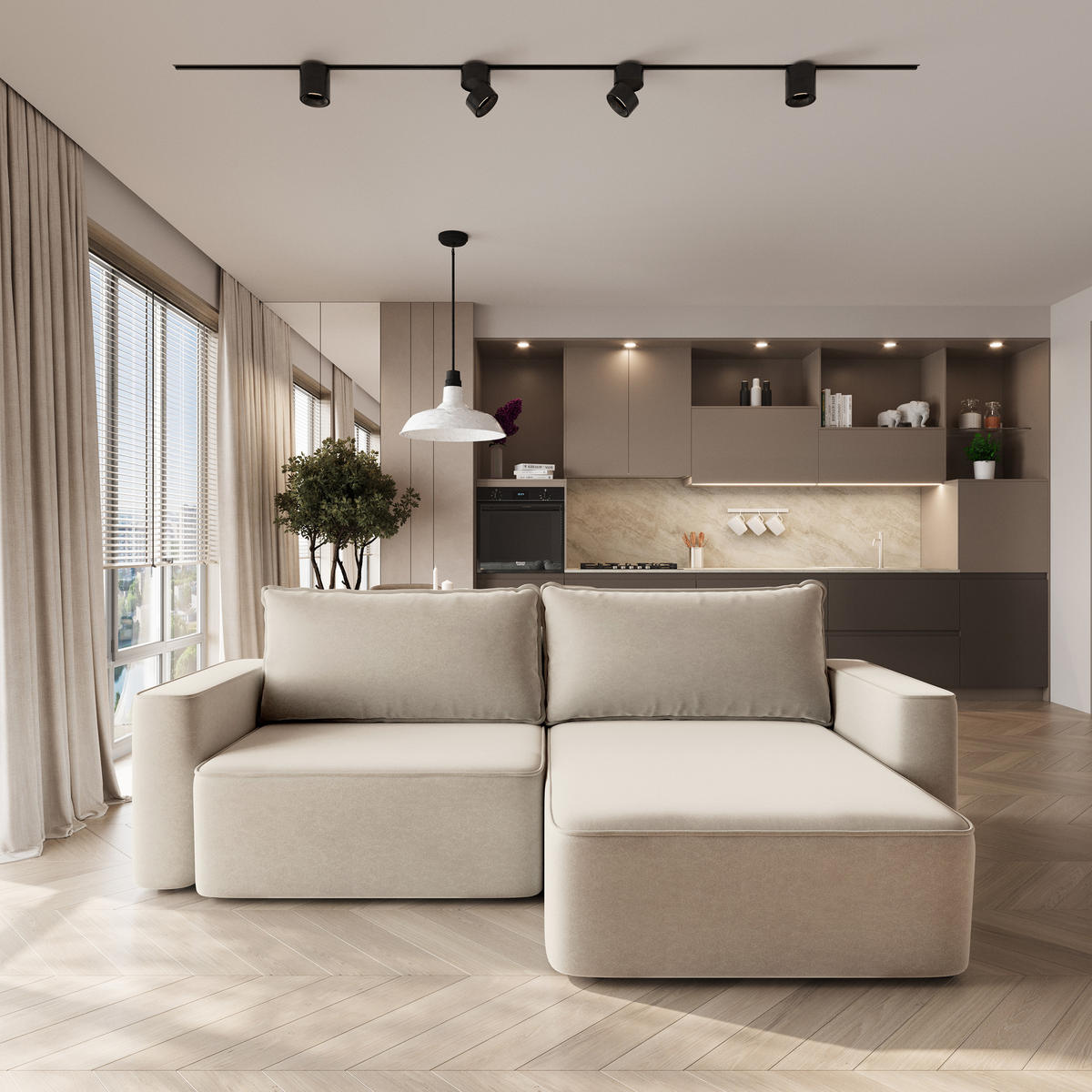 ECKSOFA BELISE CL Creme Veloursstoff mit Schlaffunktion - Creme, Holz/Textil (252/162cm) - MASSENO