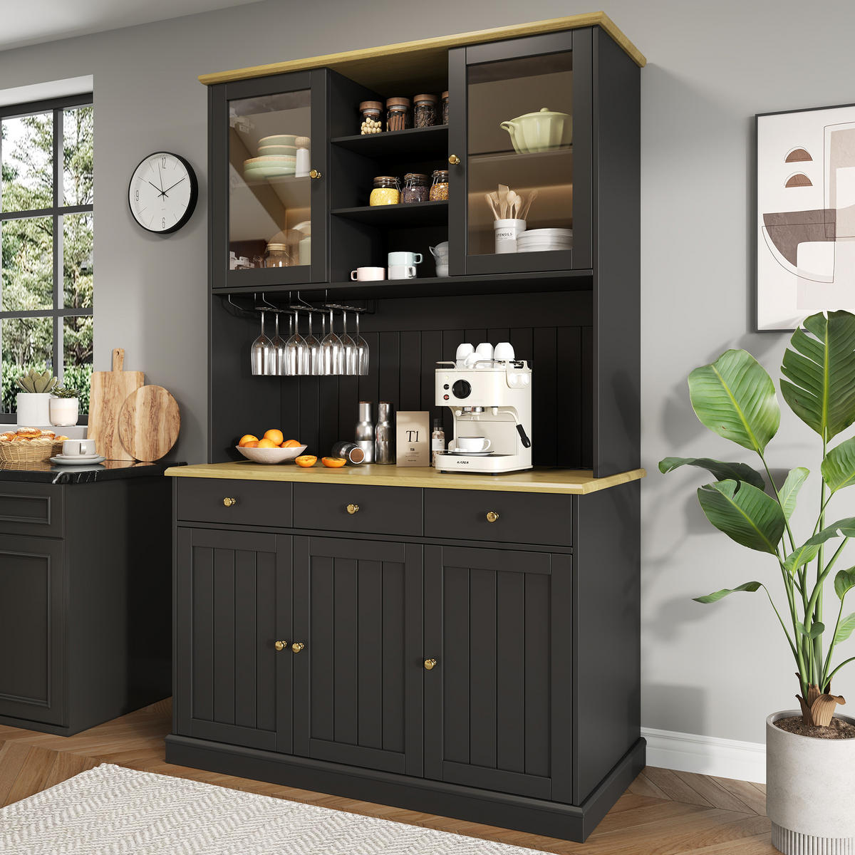 BUFFETSCHRANK Hochschrank 120x40x191cm Schwarz Gold Griffe USB - Schwarz, Holzwerkstoff (40/191/120cm) - FLIEKS