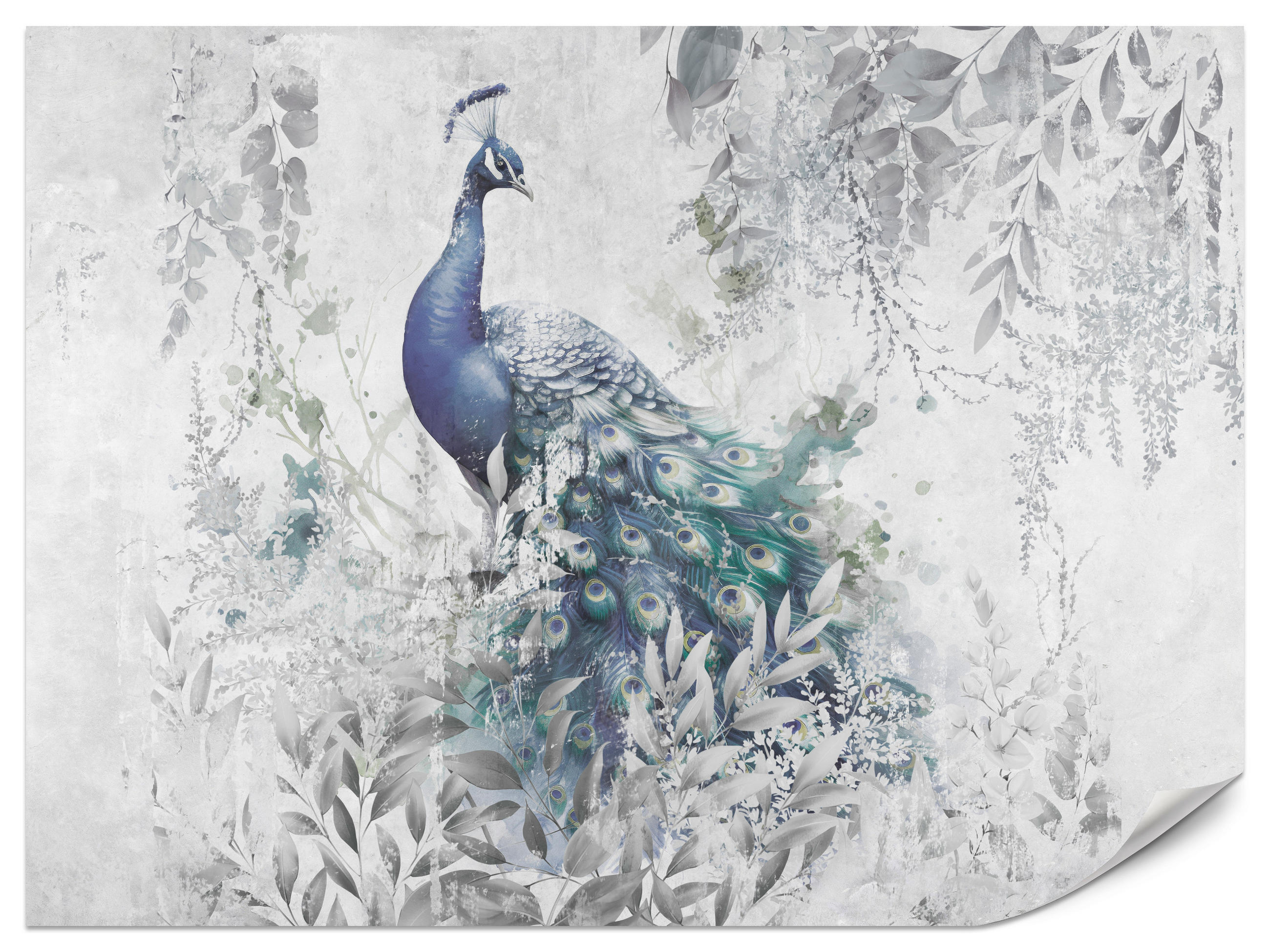 FOTOTAPETE für Schlafzimmer Abstrakte Vogel Pfau Beton Blätter 500x350 - Türkis/Blau, Papier (500/350cm) - Muralo