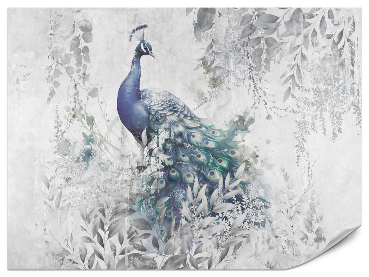 FOTOTAPETE für Schlafzimmer Abstrakte Vogel Pfau Beton Blätter 500x350 - Türkis/Blau, Papier (500/350cm) - Muralo