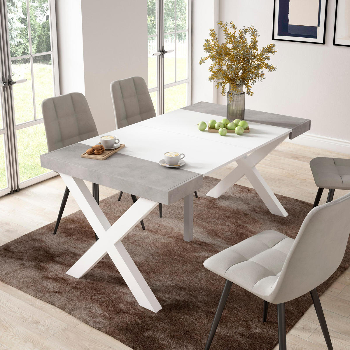 KONSOLENTISCH ausziehbar 58 bis 160cm, für 8 Gäste, weiß zementgrau, 90/58/73cm - Weiß/Grau, Holzwerkstoff (90/160/73cm) - Skraut Home