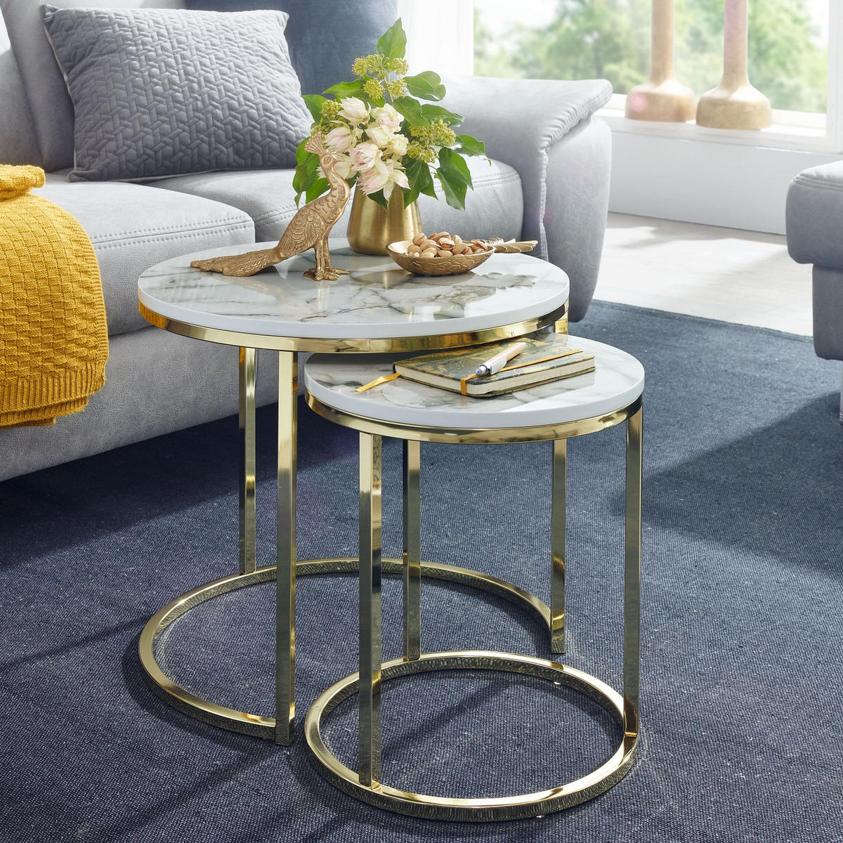 BEISTELLTISCH 2er Set Marmoroptik Metall Modern, Weiß 50x50x45 cm - Goldfarben/Weiß, Holz/Metall (50/50/45cm) - KADIMA DESIGN