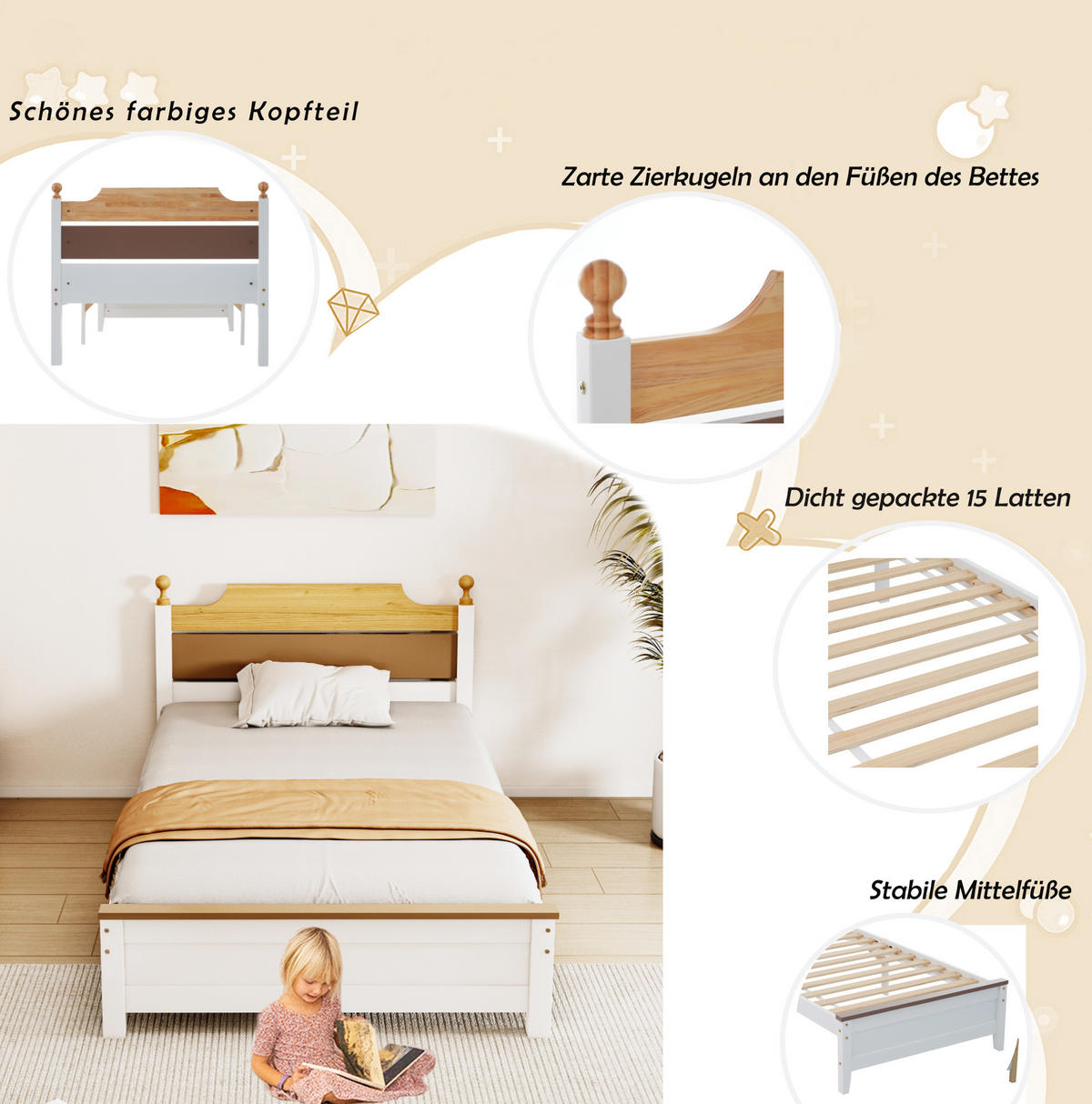 JEDNOLÔŽKOVÁ posteľ 90/200 cm biela z masívneho borovicového dreva a MDF so zdobeným čelom a stredovými nohami - biela, drevo (90/200cm) - OKWISH