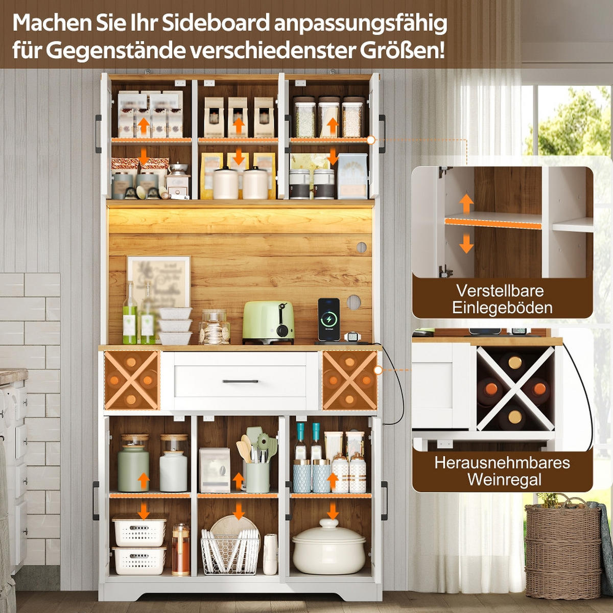 KÜCHENSCHRANK MIT RGB-LED-BELEUCHTUNG UND STECKDOSE Aus MDF Im Scheunentor-Design Für Esszimmer, 105/180/40 cm - Naturfarben, Kunststoff (40/180/105cm) - Rolipo