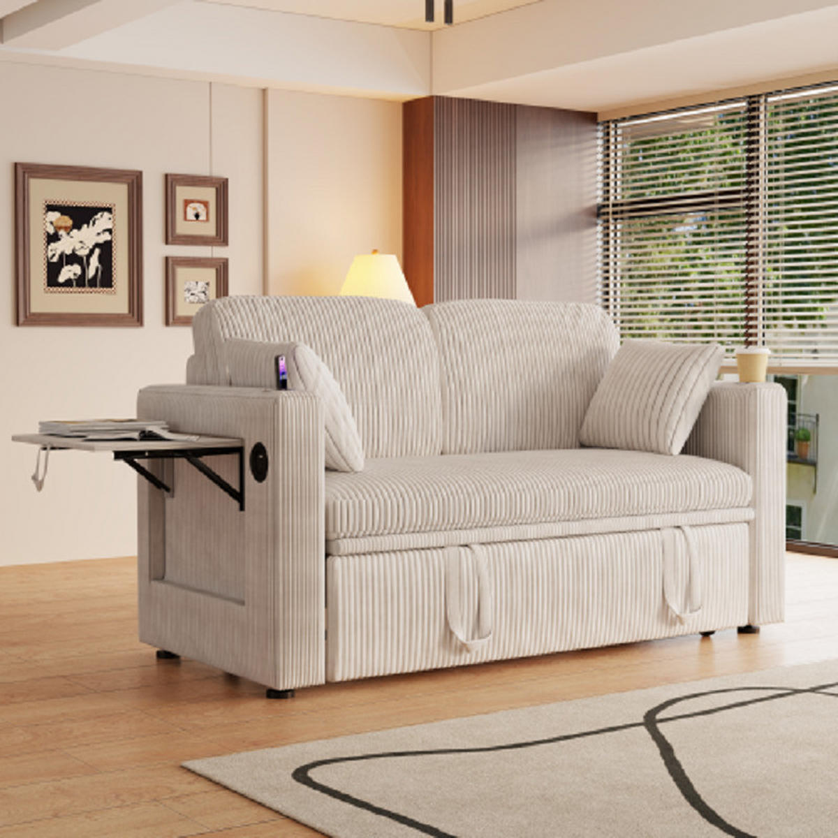 2-SITZER SCHLAFSOFA Cord Weiß mit Bettfunktion - Beige, Textil (145/85.5/132cm) - WISHDOR
