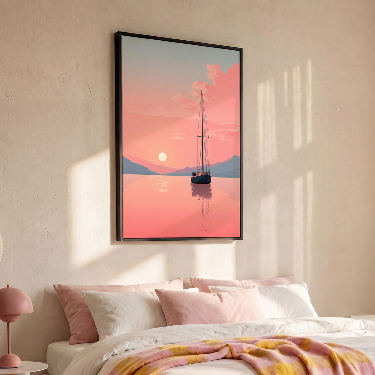 LEINWAND Bilder mit Rahmen - Segelboot - Rosa Meer - Sonnenuntergang - Berge - 80x120 - Rosa, Textil (80/120cm) - MuchoWow