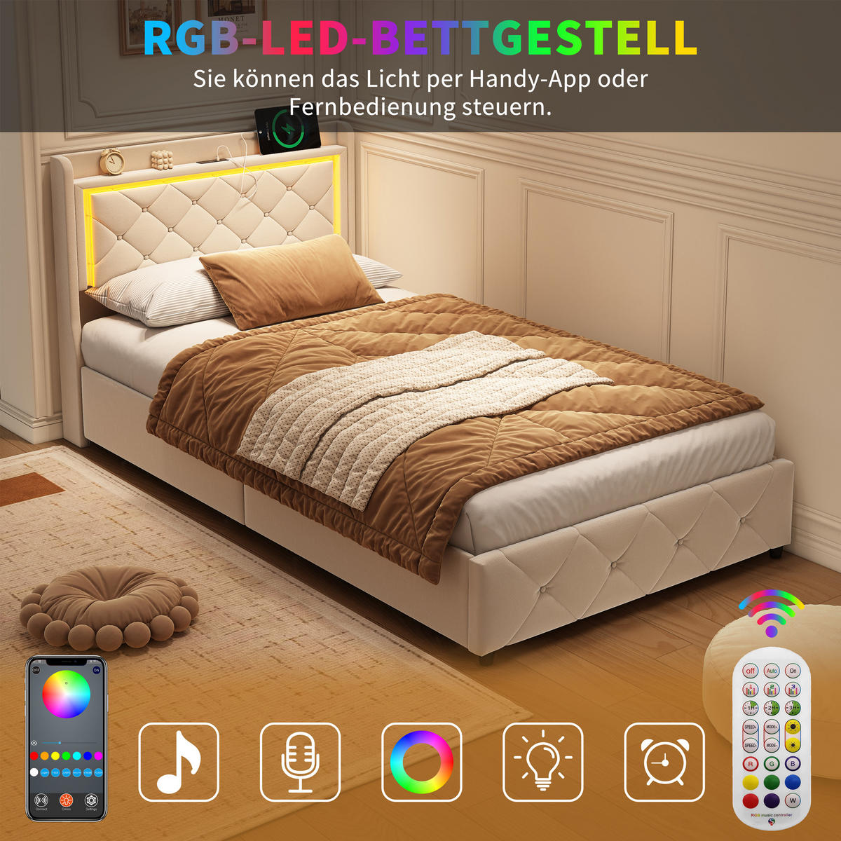 POLSTERBETT 90x200 cm Beige mit LED, Stauraumkopfteil & USB-C - Beige, Holz (90/200cm)