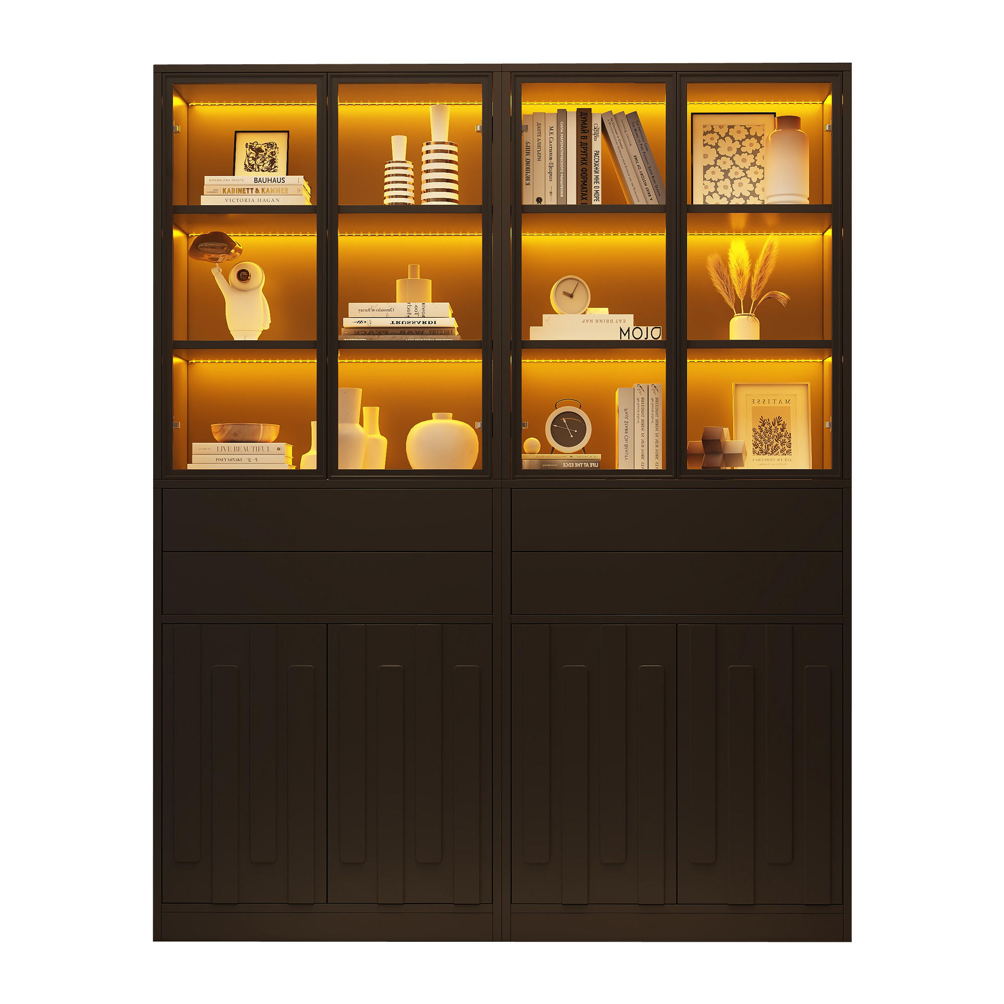 VITRINE 2er-Set 140x34x180 cm Schwarz LED Glastüren - Schwarz, Holzwerkstoff (140/180/34cm) - FLIEKS