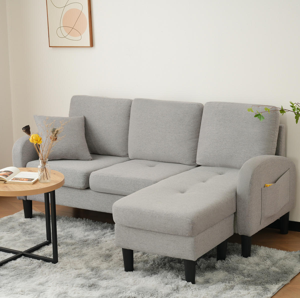 ECKSOFA modular mit Chaiselongue 166 x 118 x 77 cm Grey - Grau, Holz (118/166cm) - Meubliv