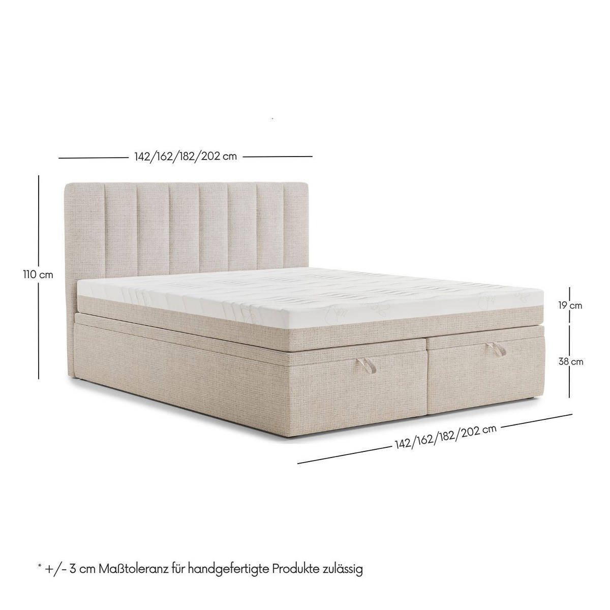 BOXBETT 140/200 cm Lovage M, in Beige, Matratze, gepolstertes Kopfteil, Bettkasten, H3 = fest - Beige/Schwarz, Holz/Holzwerkstoff (140/200cm) - Maison de Reve