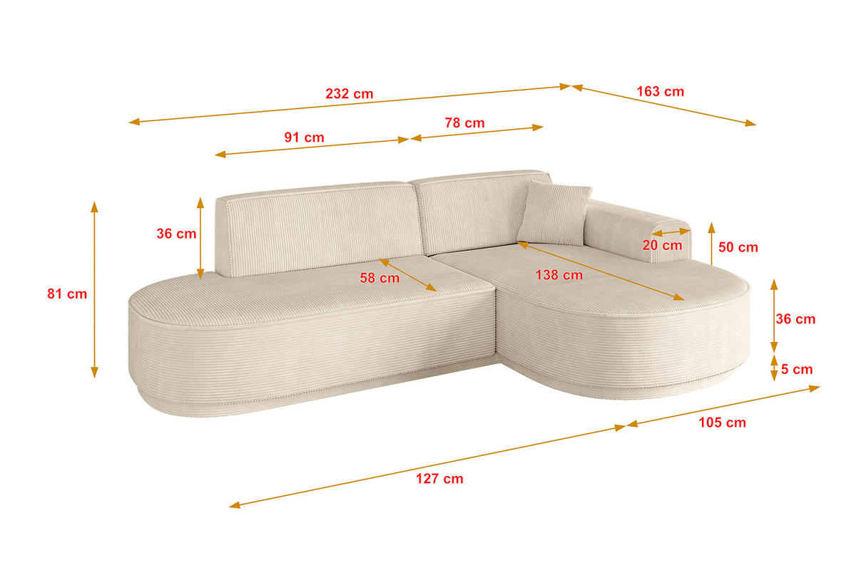 ECKSOFA Ottomane Rechts MARI-L1 - 232x163x81 cm Beige Cord - Beige/Schwarz, Holzwerkstoff/Kunststoff (234/163cm) - ALTDECOR