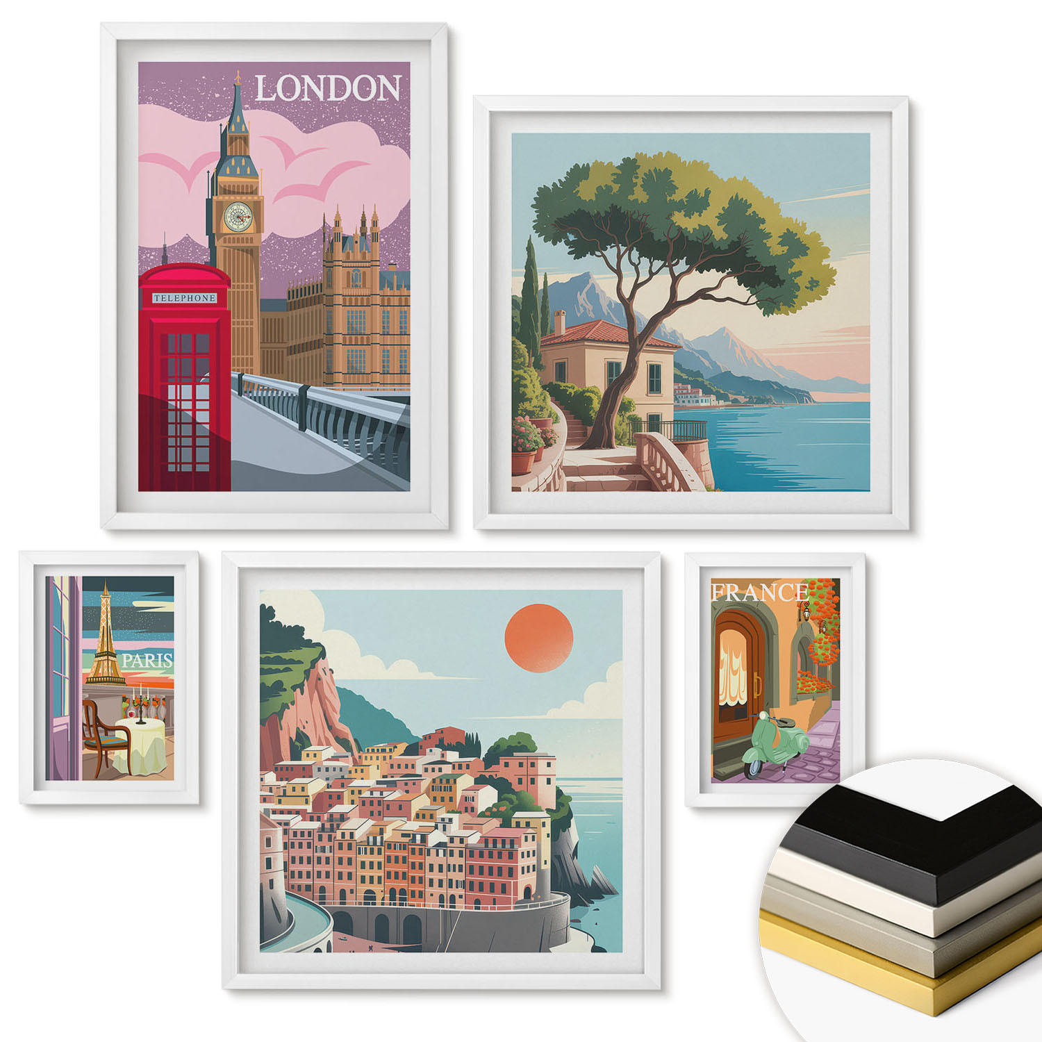 WANDBILDER 5er-Set - 50x50 cm & 20x30 cm & 40x60 cm Weißer Rahmen - Obstposter Zitronen Orangen - Weiß, Kunststoff (40/60cm) - ArtPrintCave