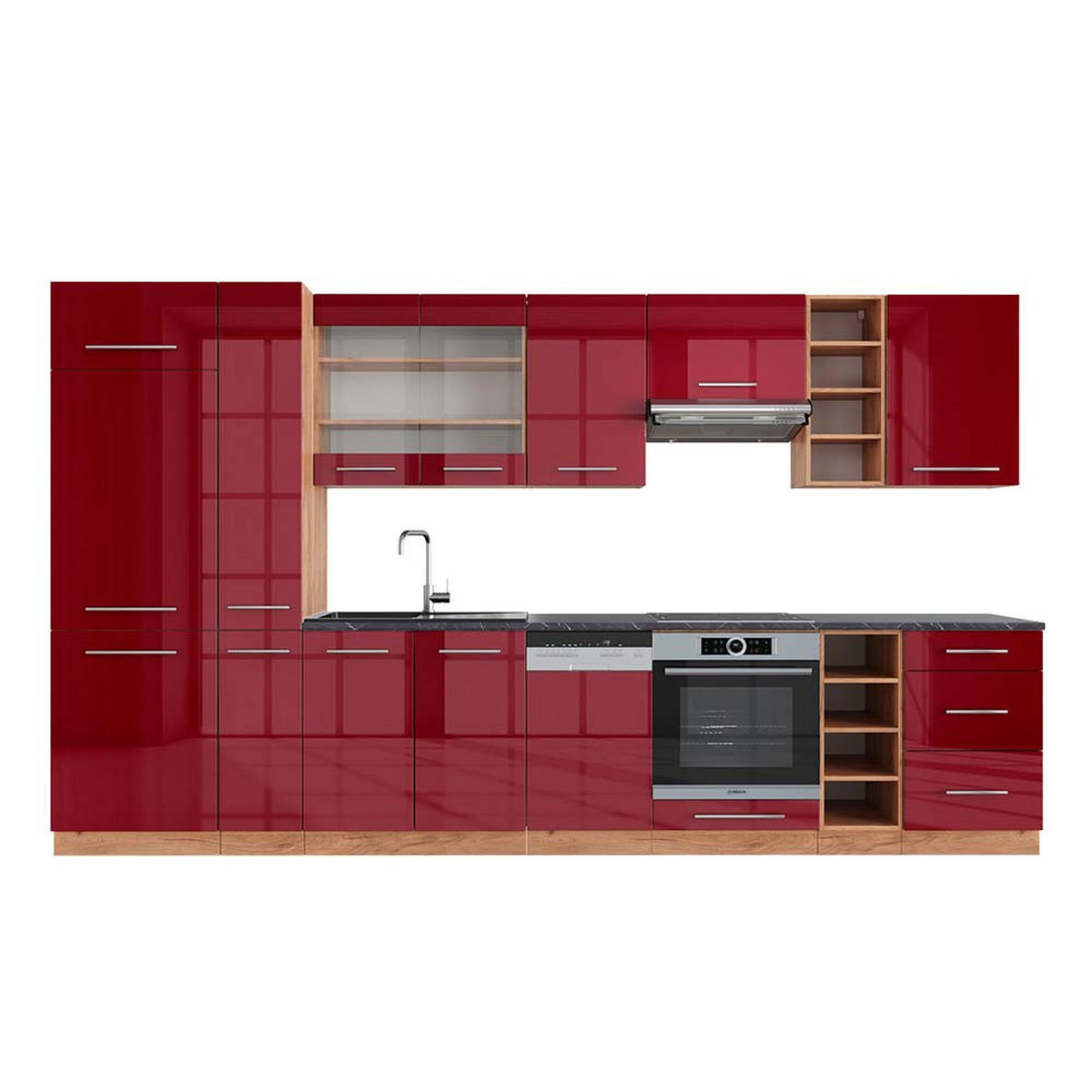 KÜCHENZEILE Fame-Line Bordeaux Hochglanz/Goldkraft Eiche 355 cm AP Anthrazit - Honigeiche/Bordeaux, Holzwerkstoff (355/81.6/60cm) - Vicco