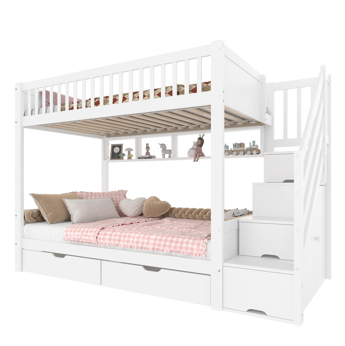 ETAGENBETT 90/200 cm Weiß mit Kleiderschrank und Stauraumtreppe - Weiß, Holz (90/200cm) - Flora Grace