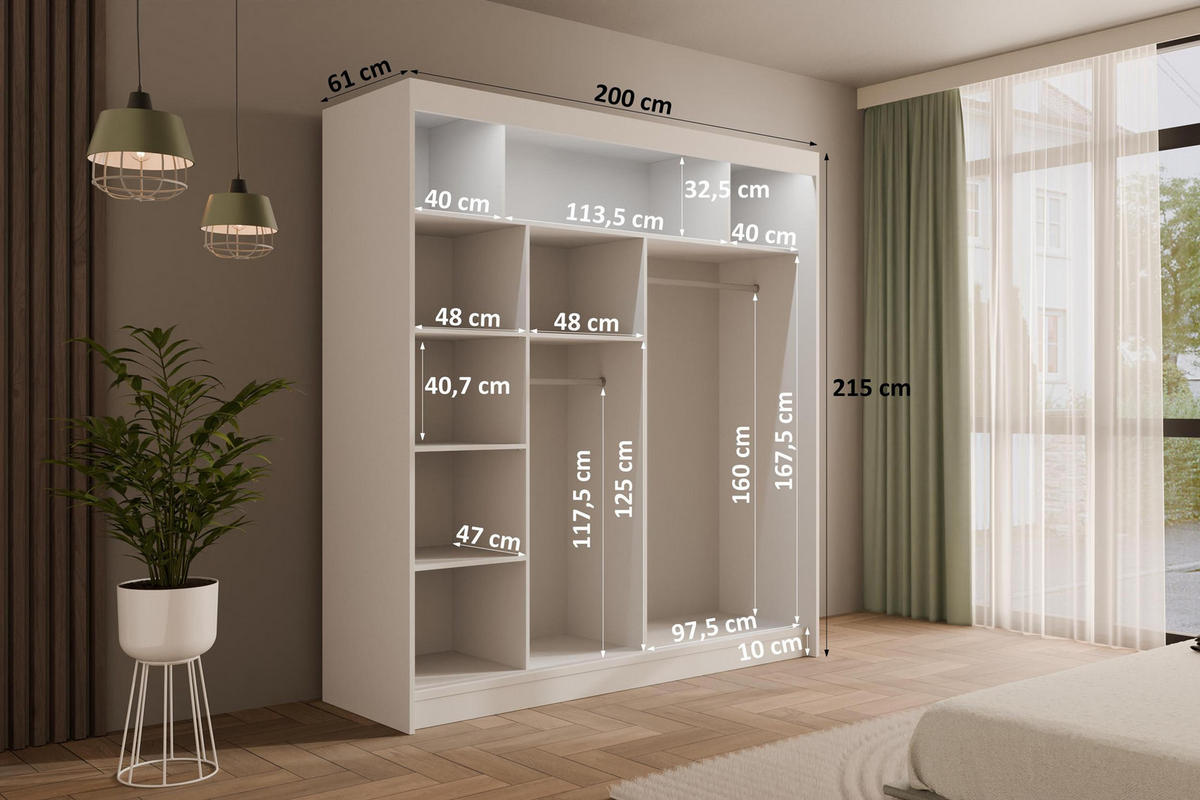 KLEIDERSCHRANK mit LED, Lamel-Schiebetüren VILANv2 - 200 cm Weiß + Lamelle schwarz - Schwarz/Weiß, Holzwerkstoff (200/215/61cm) - ALTDECOR