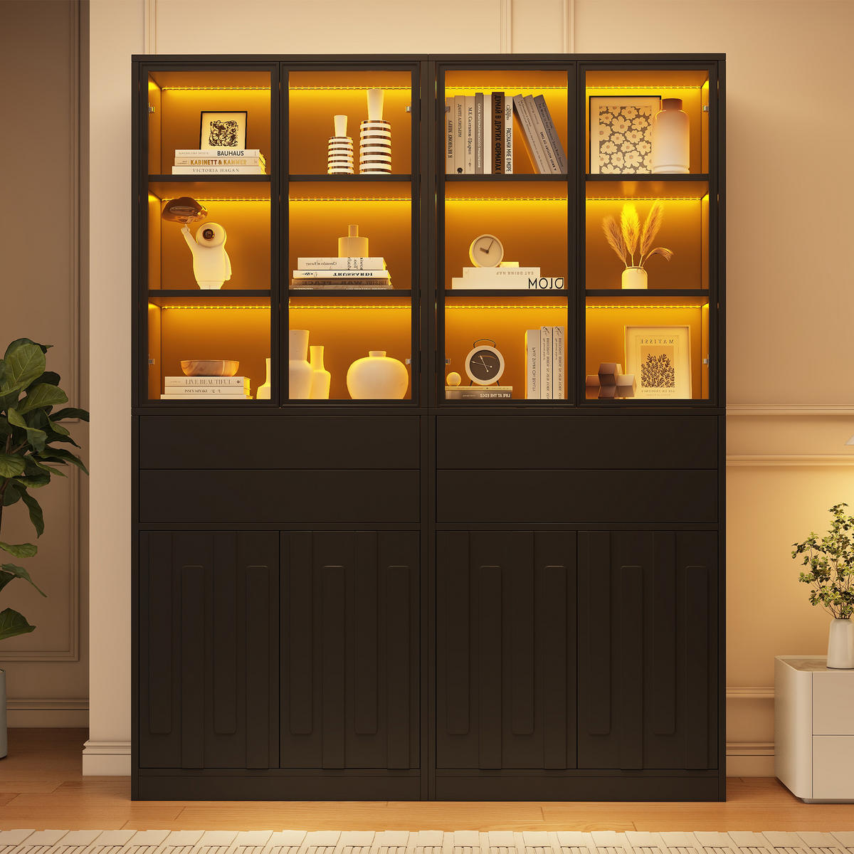 VITRINE 2er-Set 140x34x180 cm Schwarz LED Glastüren - Schwarz, Holzwerkstoff (140/180/34cm) - FLIEKS