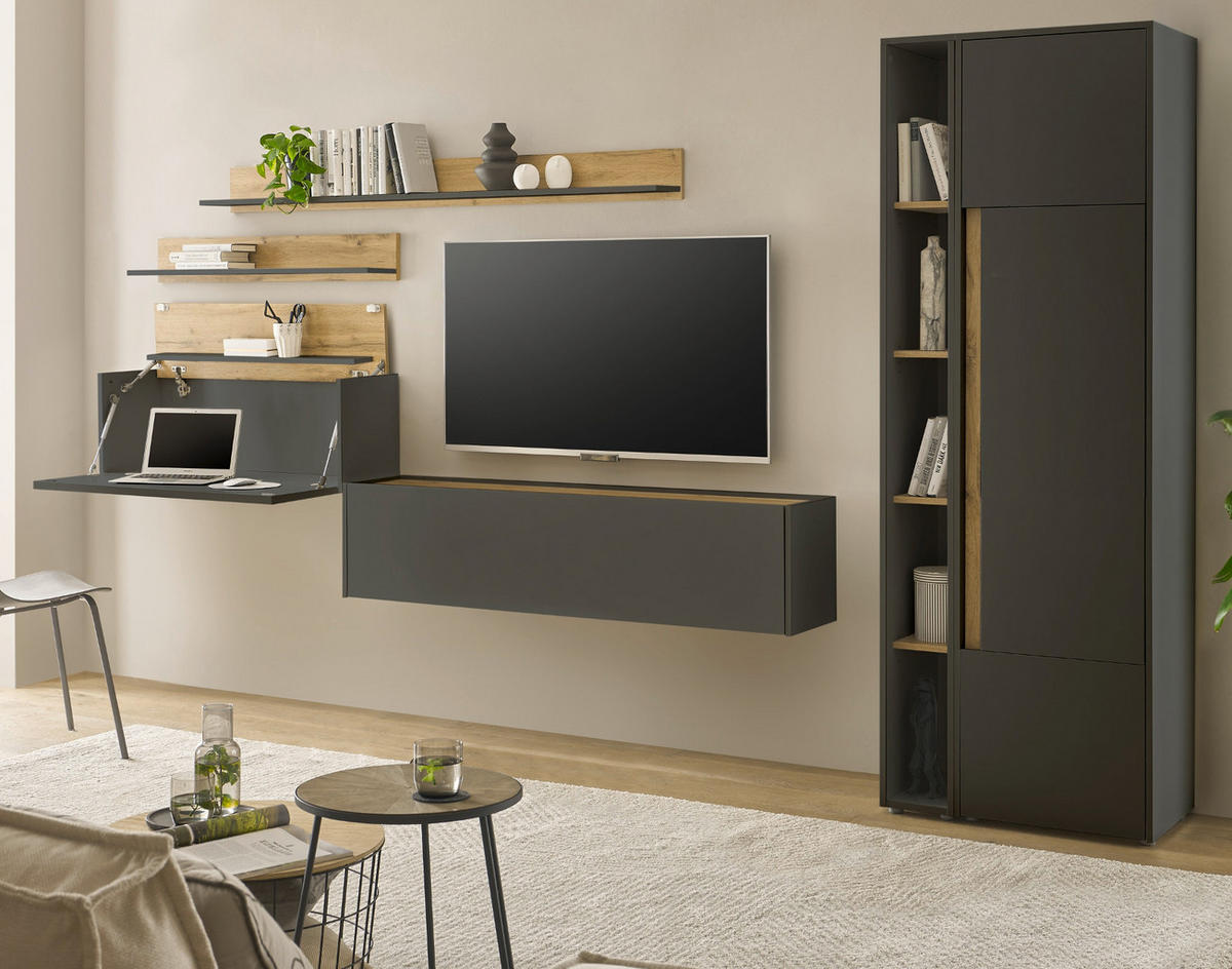 WOHNWAND mit Sekretär grau matt, Eiche Wotan 340 cm, Wohnkombination 6-teilig - Eiche Wotan/Grau, Holzwerkstoff/Metall (340/200/40cm) - Furn.Design