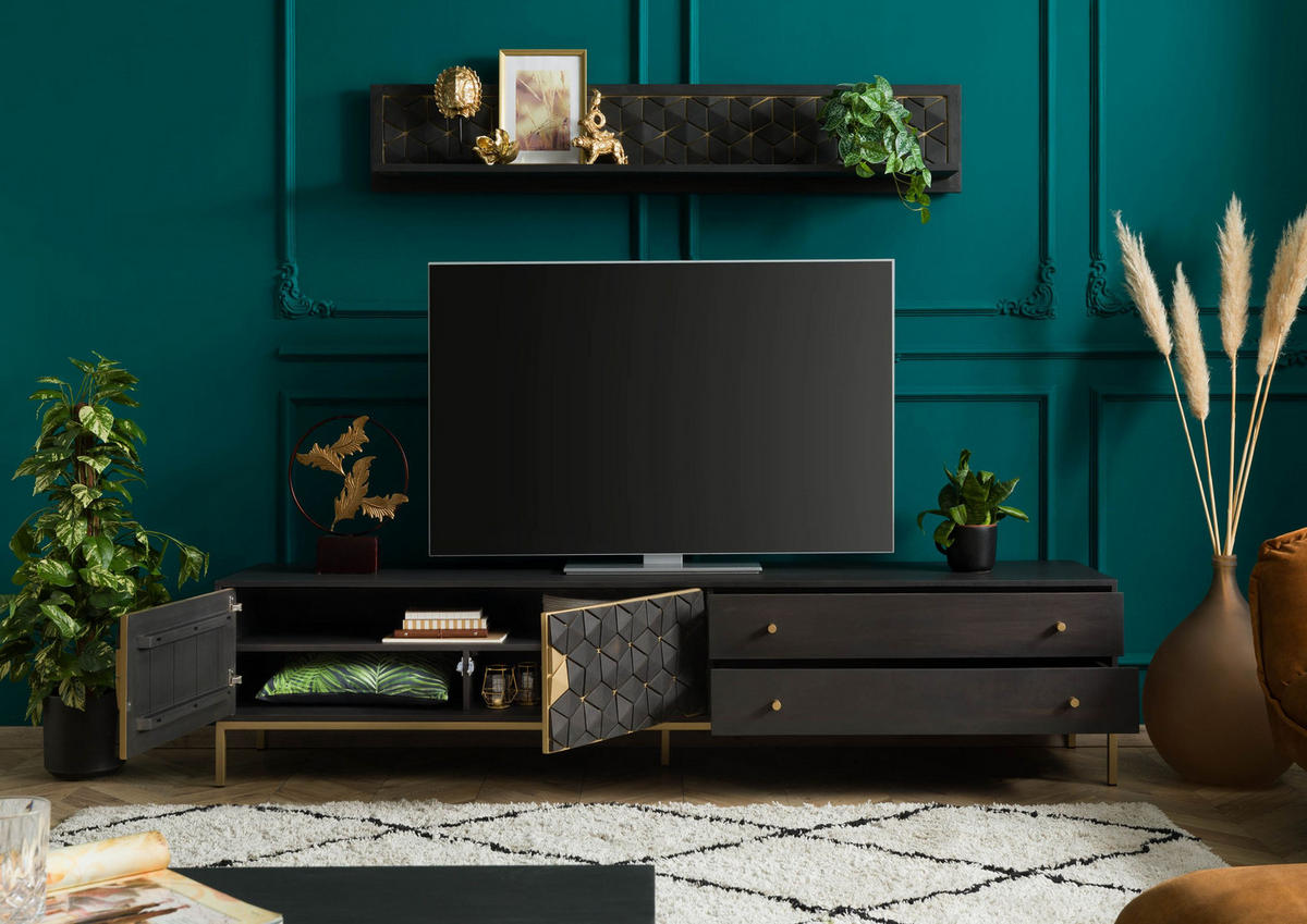 TV-BOARD Mango 220x45x50 grau geölt DIAMOND #123 - Grau, Holz (220/50/45cm) - Massivmoebel24