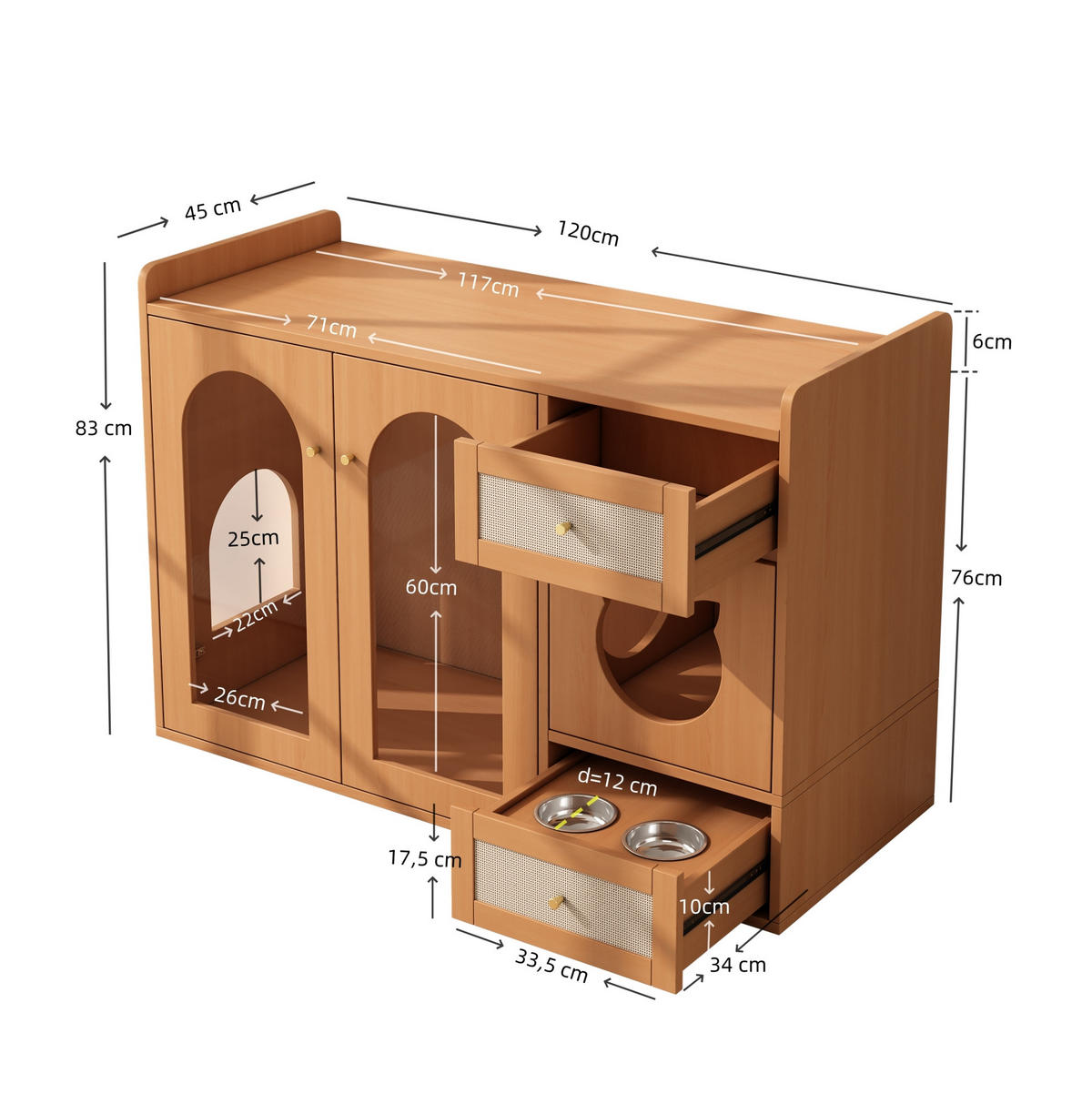 SIDEBOARD 120/45/76 cm in Nussbaum-Optik mit Glastür & Futternapf-Schublade - Walnussfarben, Holzwerkstoff (120/83/45cm) - BEAOK