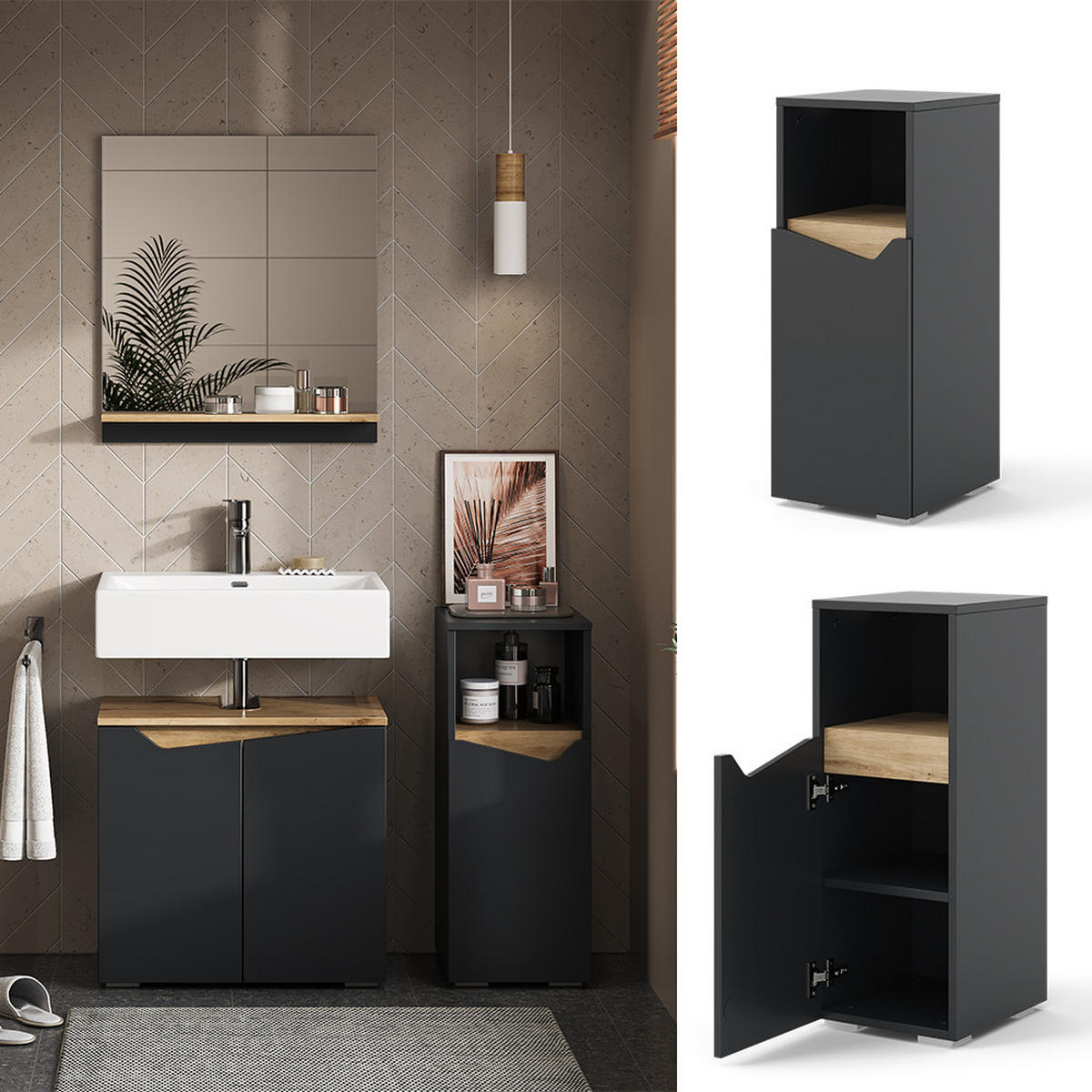 MIDISCHRANK Marelle Anthrazit 30 x 74.5 cm mit Tür und offenem Fach - Anthrazit, Holzwerkstoff (30/74.5/35cm) - Vicco