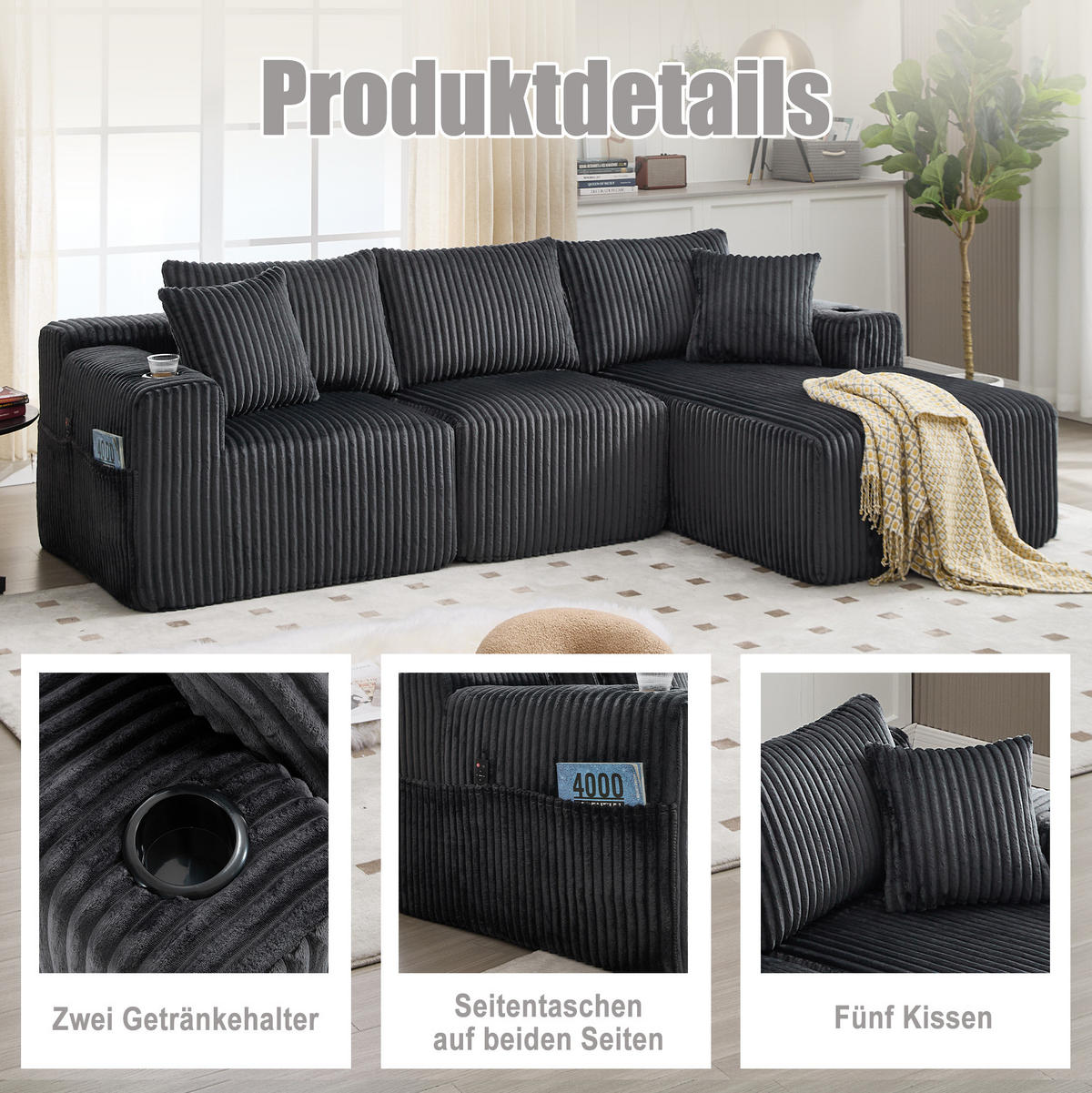 ECKSOFA 257/90-160/62 cm grau aus Cord mit 5 Kissen - Grau, Textil (160/257cm) - OKWISH