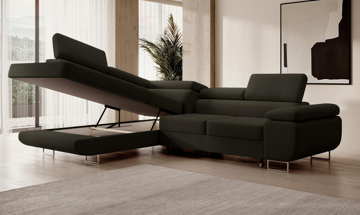 ECKSOFA Stevil Olivgrün Velours - Silberfarben/Olivgrün, Textil/Metall (275/203cm) - Selsey