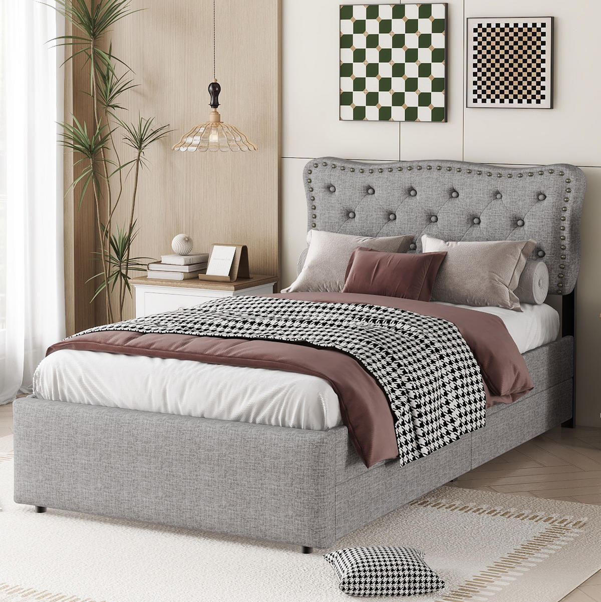 POLSTERBETT aus Leinen und MDF 90x200 cm in Grau mit 2 Schubladen - Grau, Textil (90/200cm) - Modfu