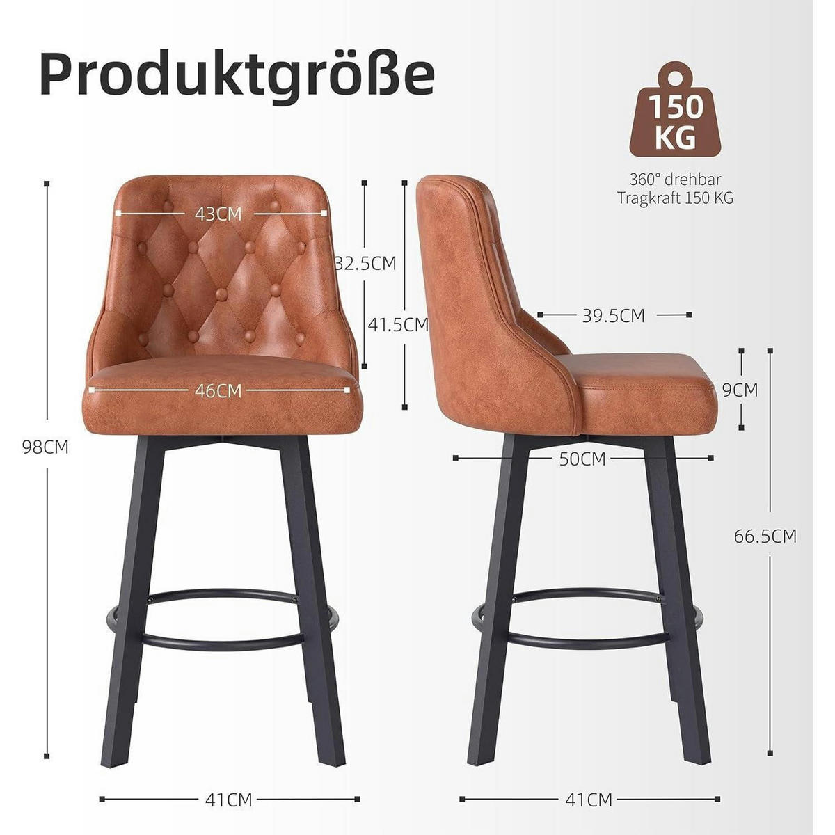BARHOCKER 2er-Set PU-Leder Braun 66,5 cm Sitzhöhe - Braun, Kunststoff (46/98/50cm)