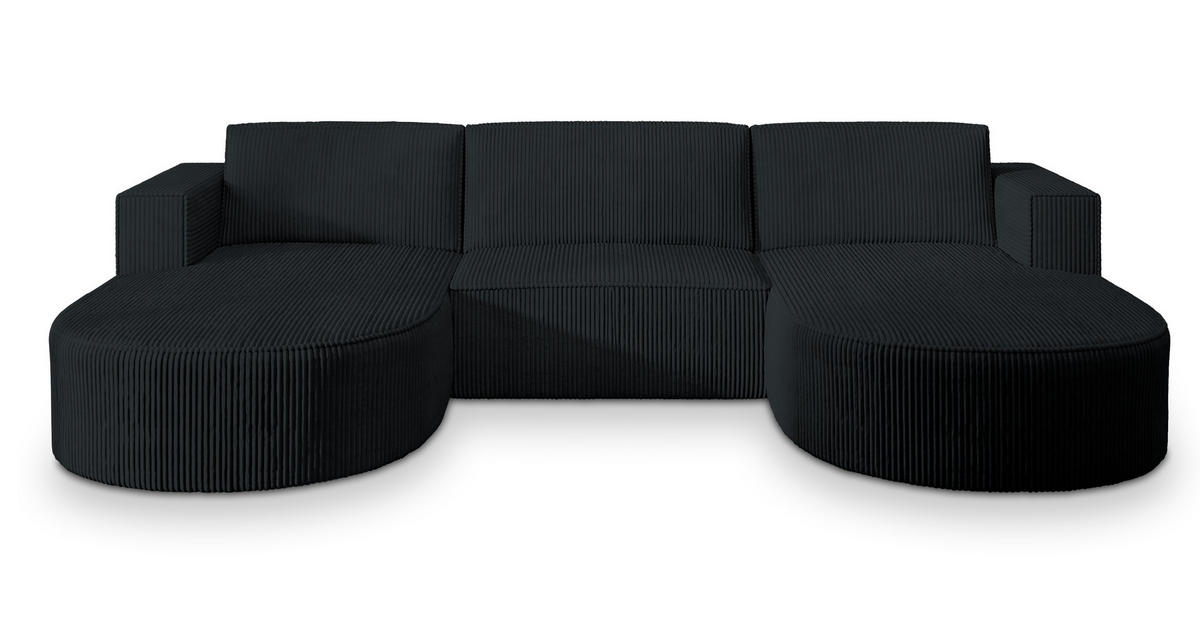 WOHNLANDSCHAFT VEZZO P Schwarz Kordstoff mit Schlaffunktion - Schwarz, Holz (347/85/174cm) - MASSENO