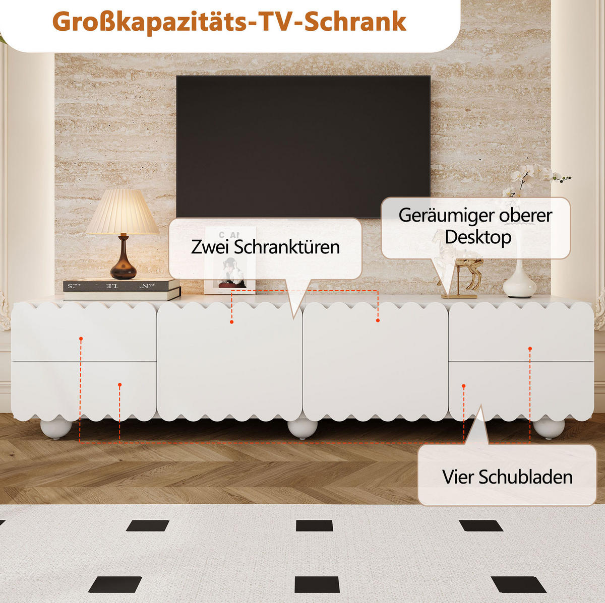 LOWBOARD 175/38/37 cm aus MDF und Holzwerkstoff mit geschwungenen Kanten Weiß - Weiß, Holzwerkstoff (175/37/38cm) - Modenvie