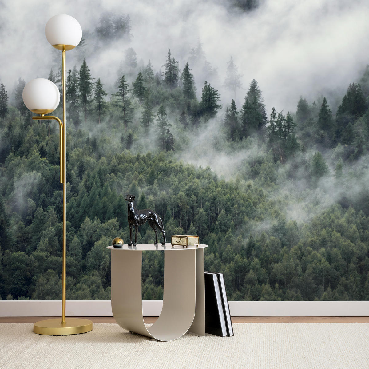 FOTOTAPETE für Schlafzimmer Morgennebel Nadelwald Bäume 500x350 - Weiß/Grau, Papier (500/350cm) - Muralo