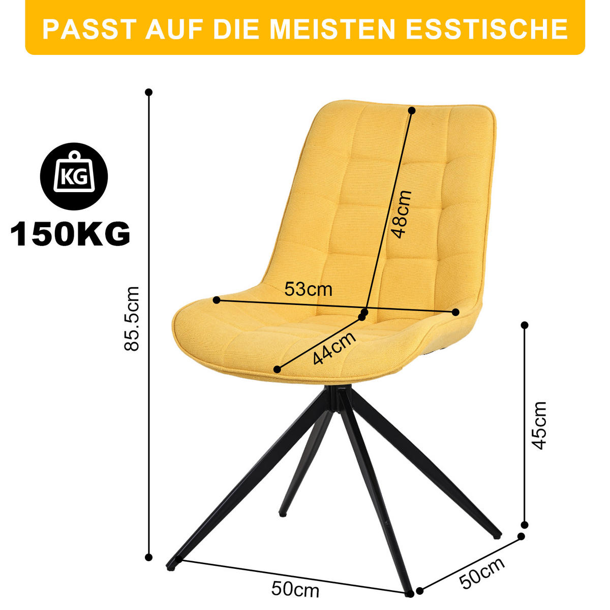ESSZIMMERSTUHL-SET 2 Stück mit Drehfunktion aus Stoff(YZ4) - Gelb, Textil (53/85.5/62cm) - HOMAVO