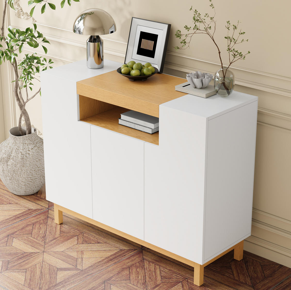 SIDEBOARD 120,5/42/96 cm in Weiß mit 3 Türen und offenem Fach - Weiß, Holzwerkstoff (120.5/96/42cm) - Flora Grace