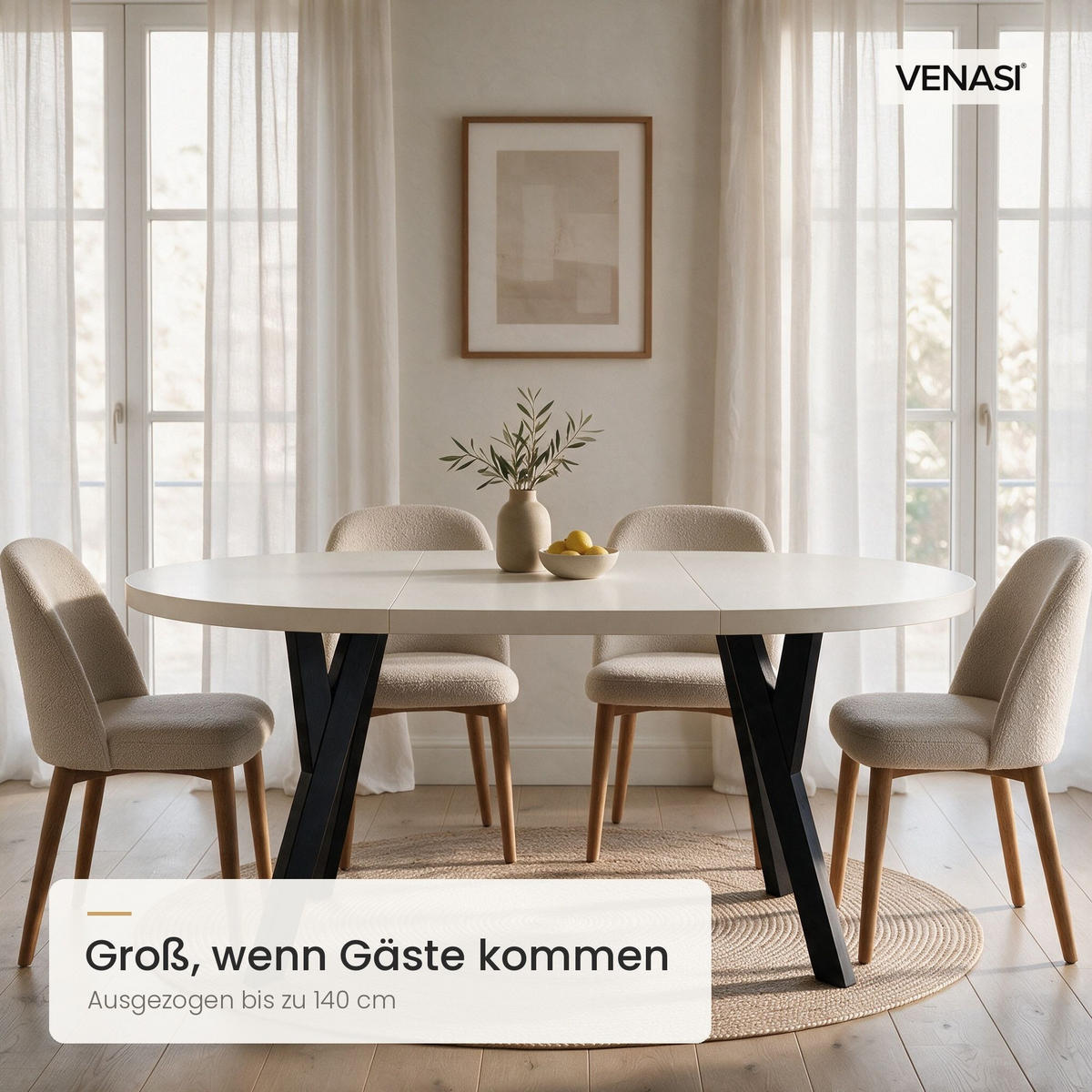 ESSTISCH ausziehbar rund 100-140 cm ATO Weiß, Auszugstisch mit Einlegeplatte - Schwarz/Weiß, Holzwerkstoff (100/100/77cm) - VENASI MÖBEL