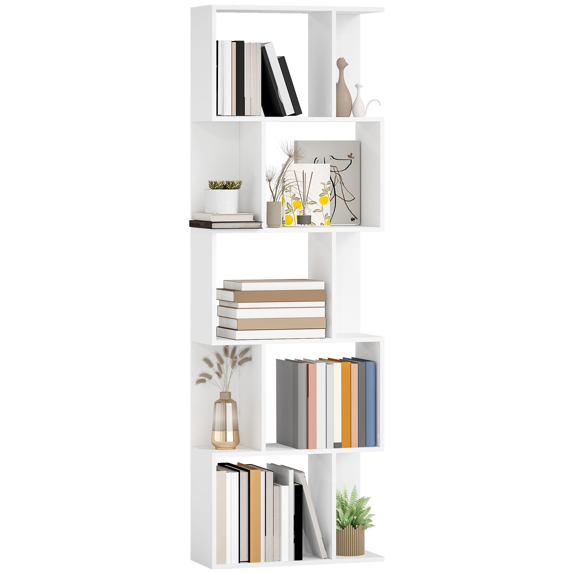 BÜCHERREGAL,5-STUFIG S-förmig 10 Ablagen 60x24x184,5cm,weiß - Weiß, Holzwerkstoff (60/184.5/24cm) - Vallsero