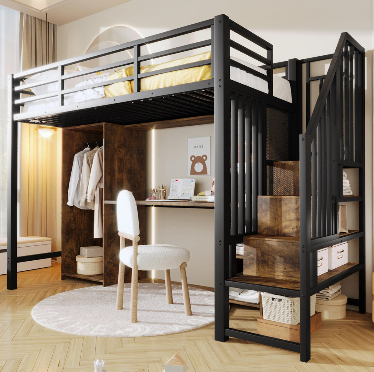HOCHBETT 90/200 cm in Schwarz mit Kleiderschrank, Schreibtisch und Stauraum - Schwarz, Metall (90/200cm) - Flora Grace