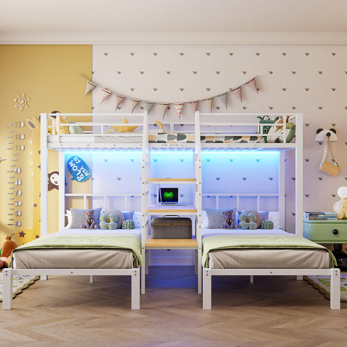 ETAGENBETT 90/200 cm in Weiß mit LED-Beleuchtung und Schreibtisch - Weiß, Metall (90/200cm) - OKMYHOME
