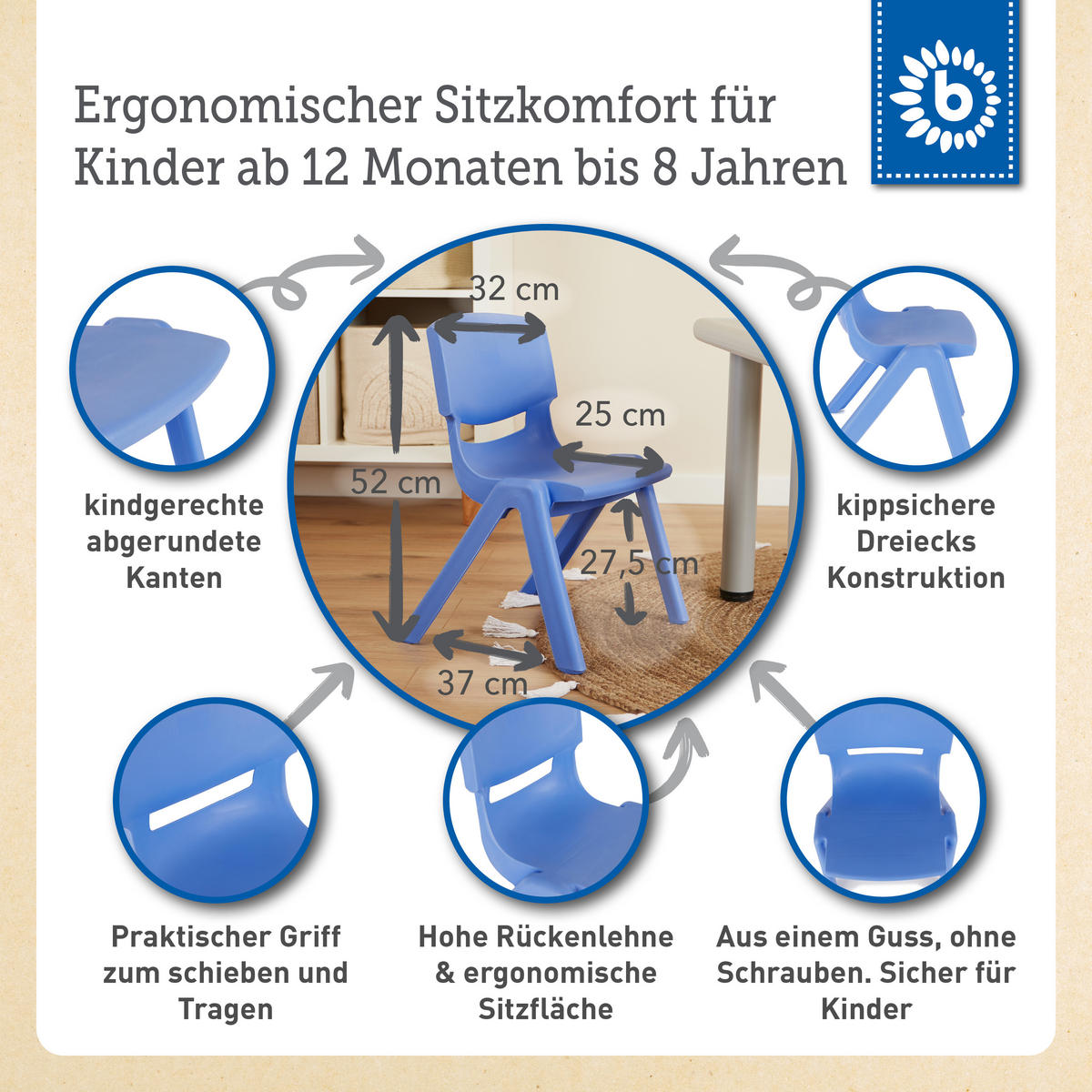 KINDERSTUHL bis 80 kg belastbar - Blau, Kunststoff (34/51.5/36cm) - Bieco Spielwaren