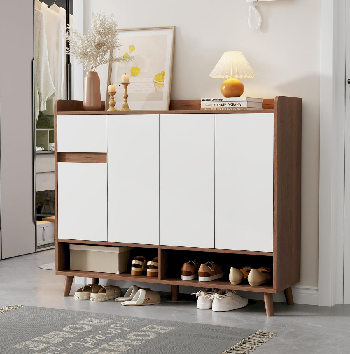 SIDEBOARD mit 4 Türen und Schublade 120 x 35 x 99 cm White/Natural - Weiß, Holzwerkstoff (35/99/120cm) - Beauniv
