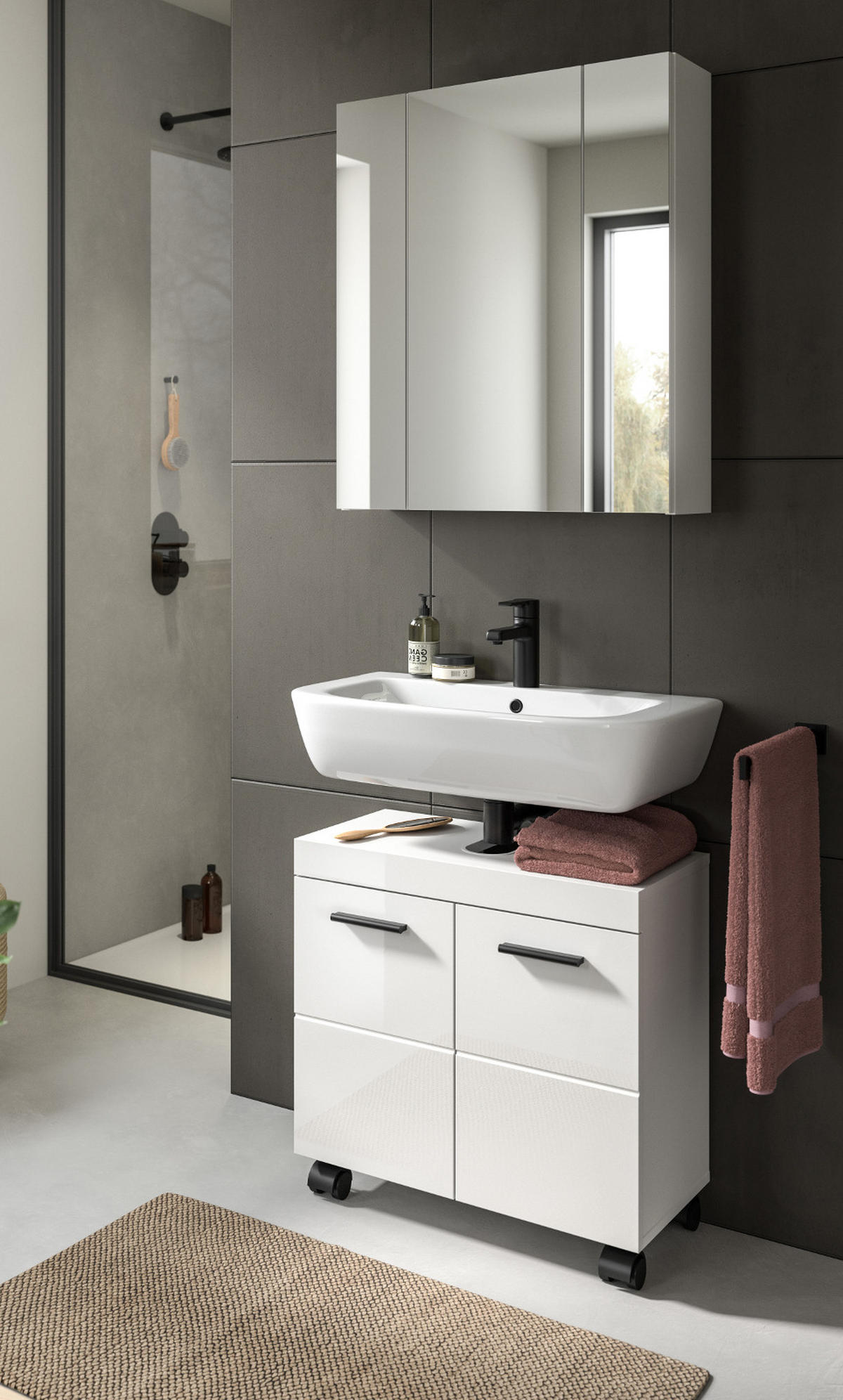 WASCHBECKENUNTERSCHRANK weiß Hochglanz 60 cm, Badezimmer Unterschrank auf Rollen - Weiß Hochglanz/Schwarz, Holzwerkstoff/Kunststoff (60/58/30cm) - Inn.Furn