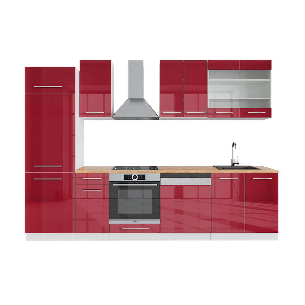 KÜCHENZEILE Fame-Line Bordeaux Hochglanz/Weiß 300 cm, AP Eiche - Bordeaux/Weiß, Holzwerkstoff (300/81.6/60cm) - Vicco