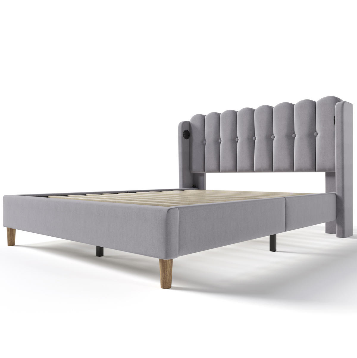 POLSTERBETT 160/200 cm mit USB- und Typ-C-Anschluss, gepolstertem Kopfteil und Matratze, Grau - Grau, Textil (160/200cm) - Redom