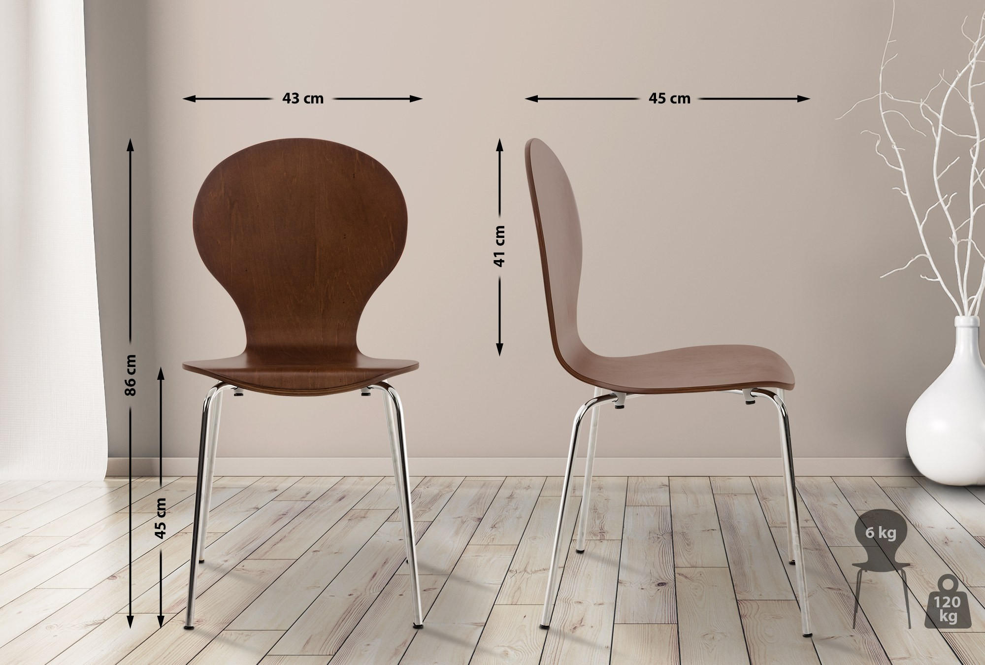 BESUCHERSTUHL 4er Set Holz braun - Braun, Holz/Metall (43/86/45cm) - CLP