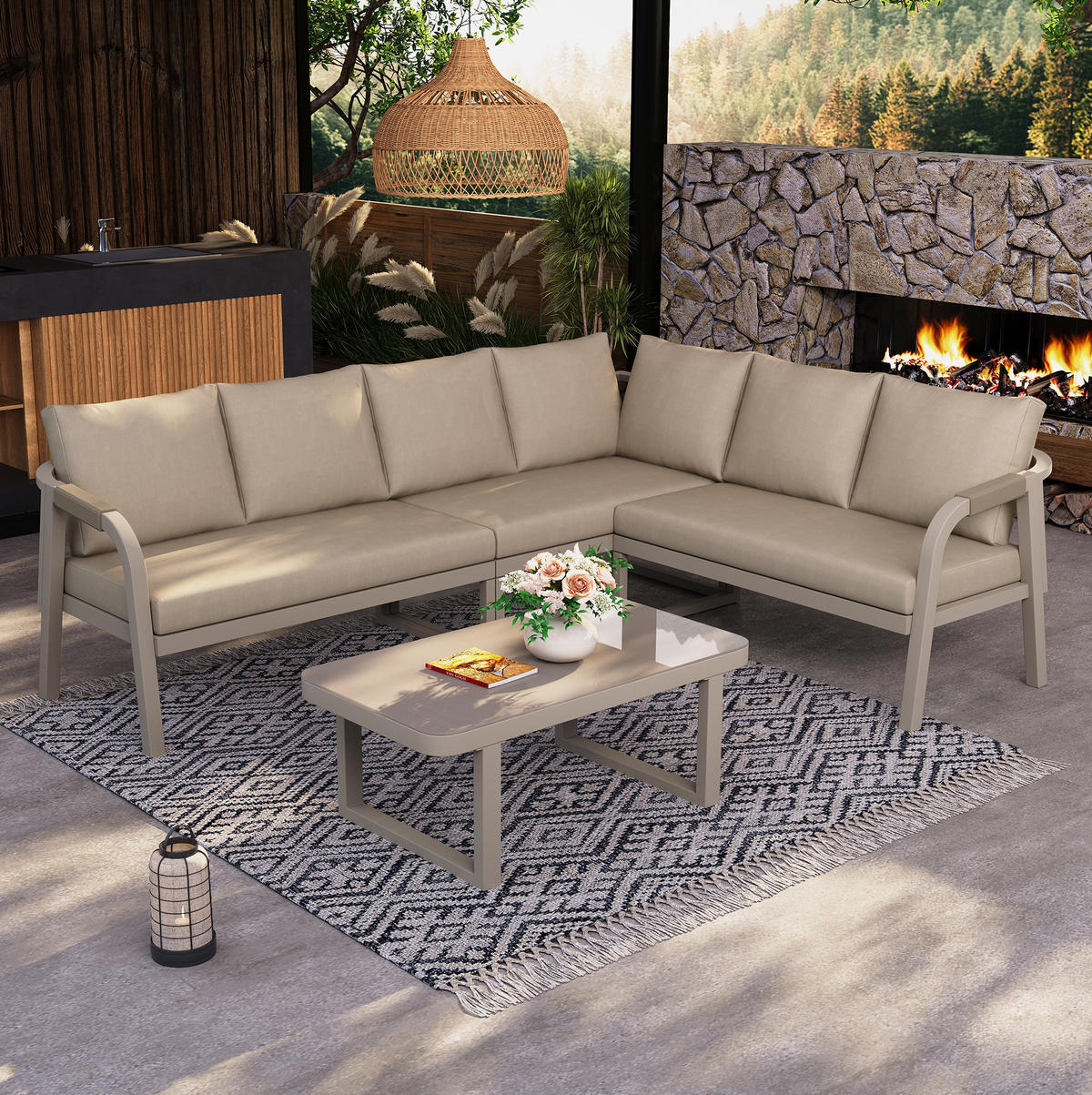 GARTENMÖBEL-SET mit Ecksofa, Couchtisch, Seilgeflecht und Glasplatte, Beige - Beige, Metall - Redom