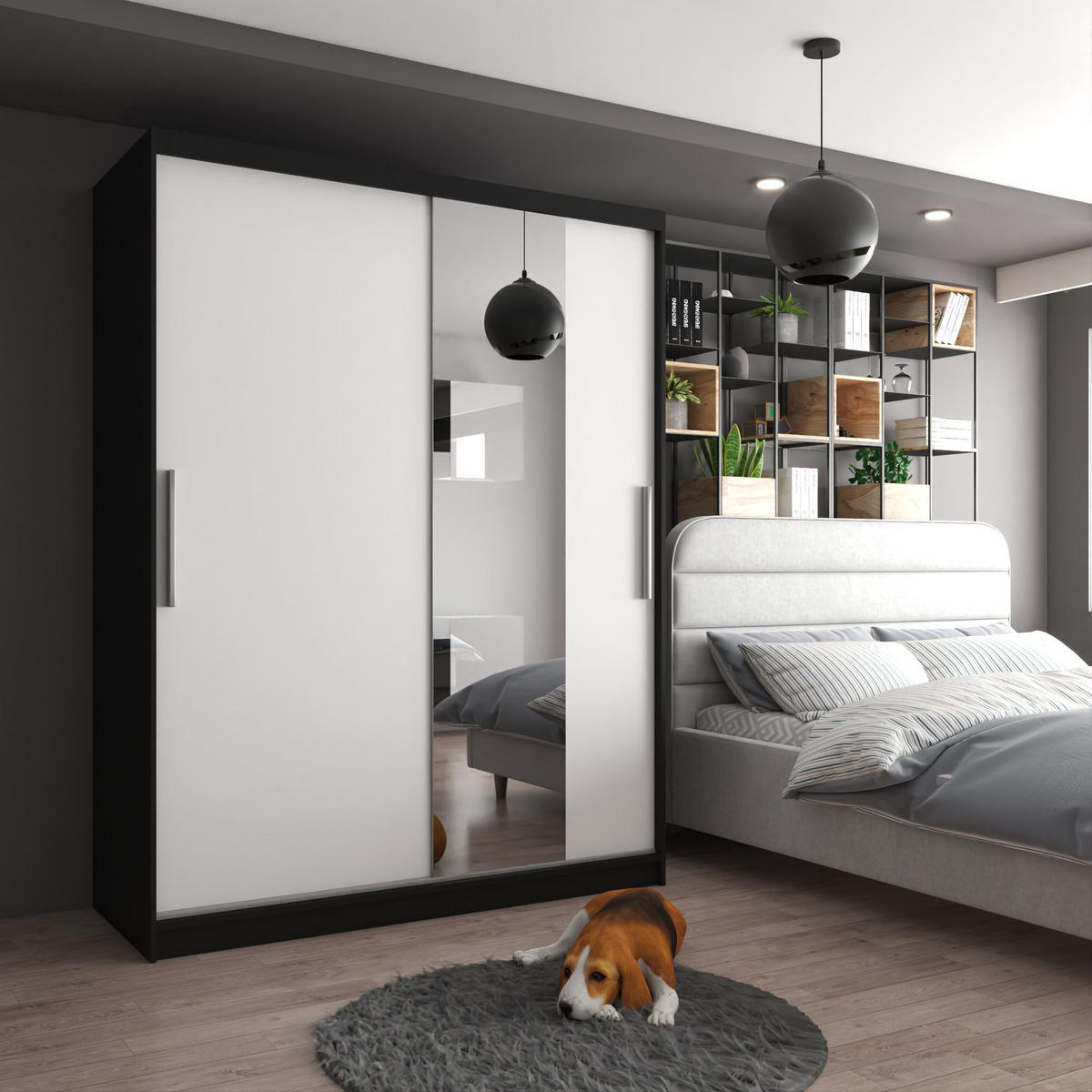 SCHWEBETÜRENSCHRANK Verona MSE, Schwarz/Weiß Matt, 158 cm, mit Spiegel - Weiß, Holz (158/216/60cm) - B BELINI GROUP
