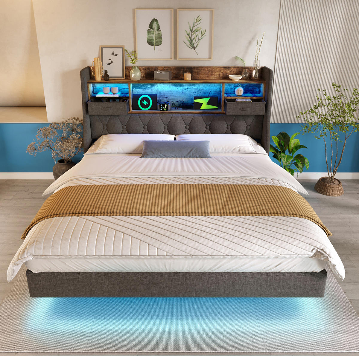 POLSTERBETT 180/200 cm grau aus Leinen mit LED, Ladestation und Stauraum - Grau, Textil (180/200cm) - OKWISH