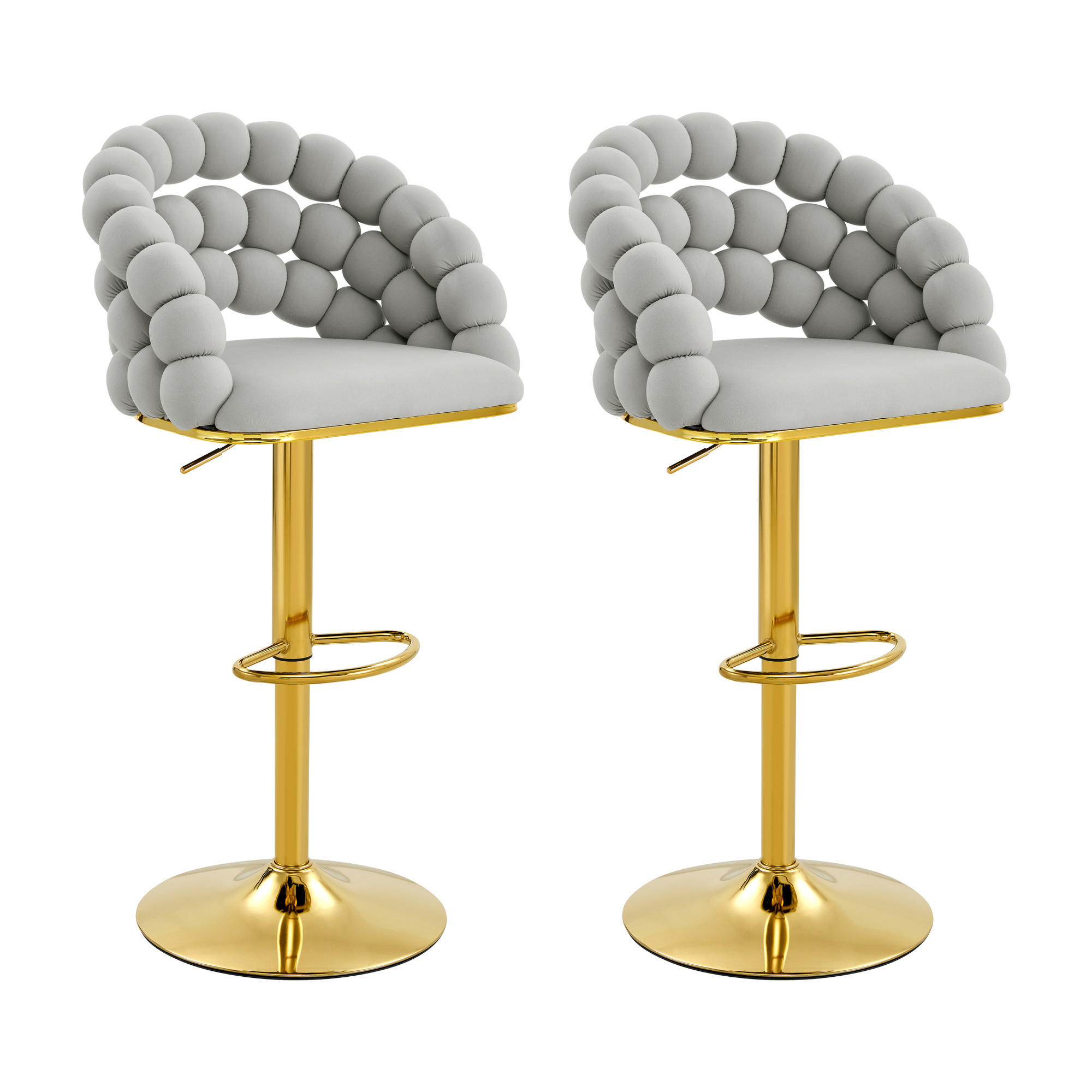 BARHOCKER 2er-Set aus Samt mit Gold-Gestell, Kugelketten-Rückenlehne und höhenverstellbar - Hellgrau, Textil (45/112/52cm) - Urban Meuble