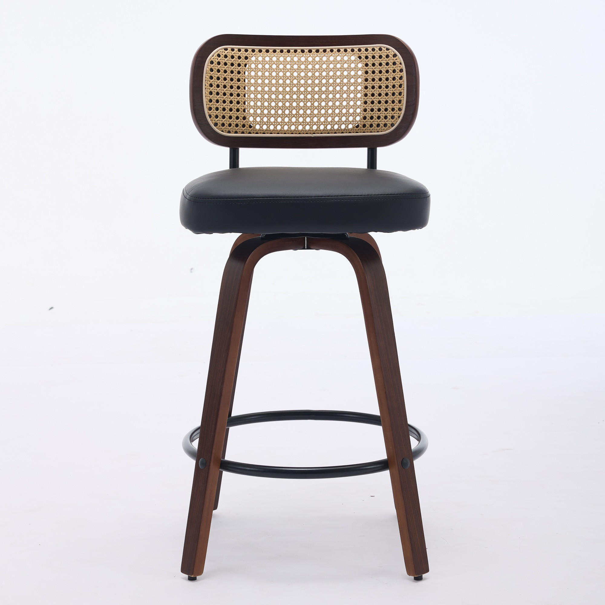 BARHOCKER 3er-Set Schwarz mit Rattan, PU-Leder und 360° Drehfunktion - Schwarz, Leder (56/90/43cm) - PANGIVO