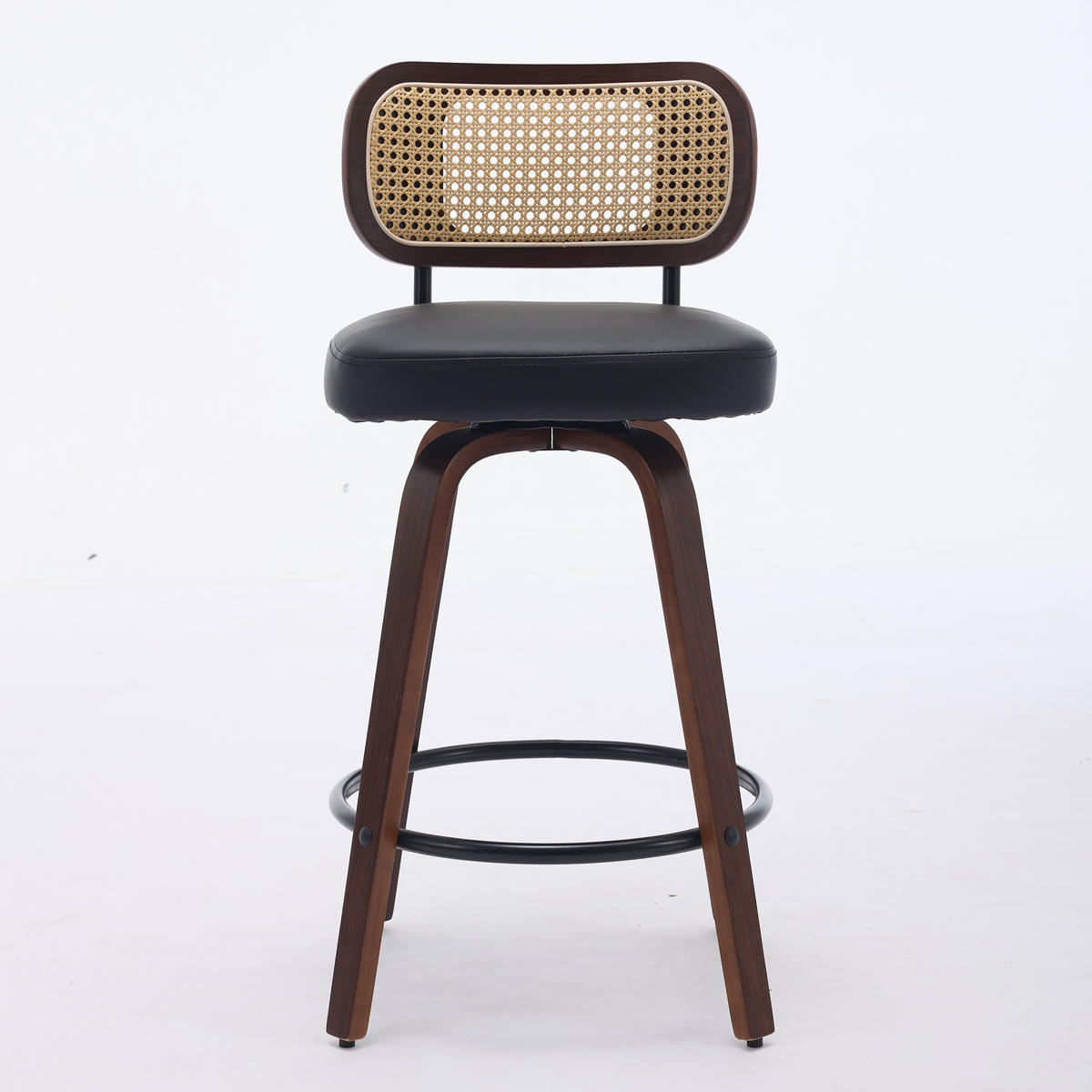 BARHOCKER SET 2 STK. 90 cm Walnuss & Schwarz Drehbare Rattan Barstühle mit Polstersitz - Schwarz, Leder (56/90/43cm) - Urban Meuble