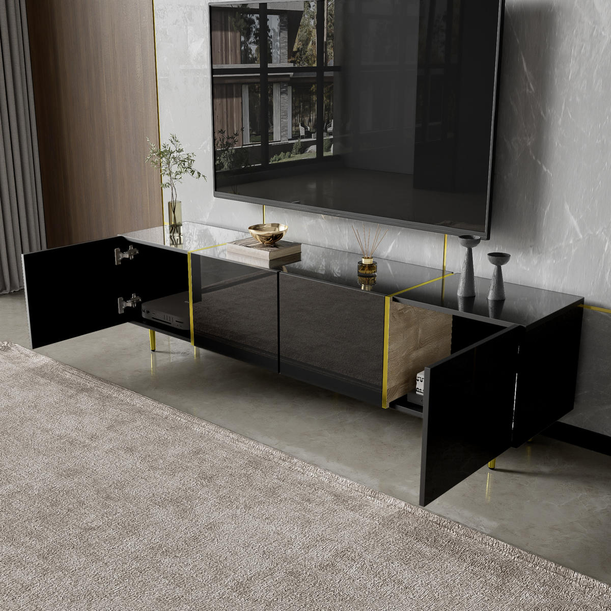 TV-ELEMENT mit 4 Türen 170 x 35 x 46 cm MDF Schwarz Hochglanz - Schwarz, Holzwerkstoff (35/46/170cm) - Beauniv